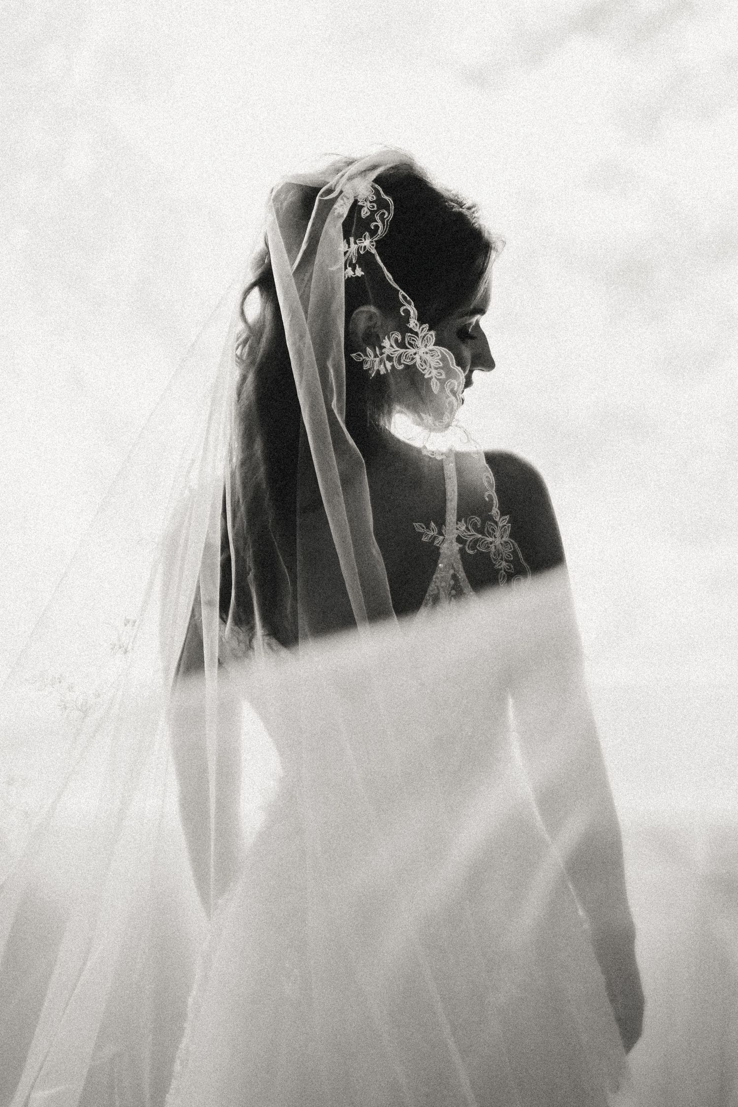 Ethereal black and white portrait of a bride in a veil with soft lighting effects.