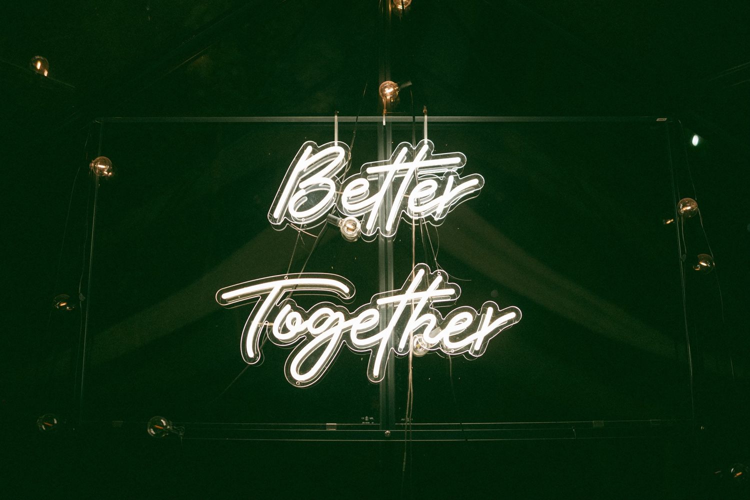 White neon signs spelling inspirational phrases illuminate a dark green wall.
