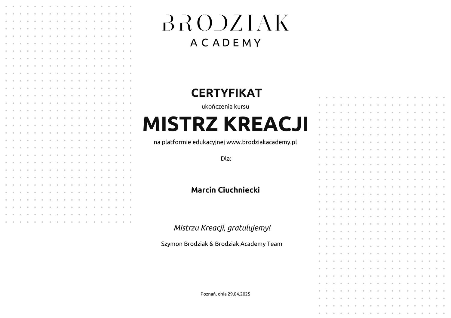 Professional certification document with elegant typography and minimalist design.