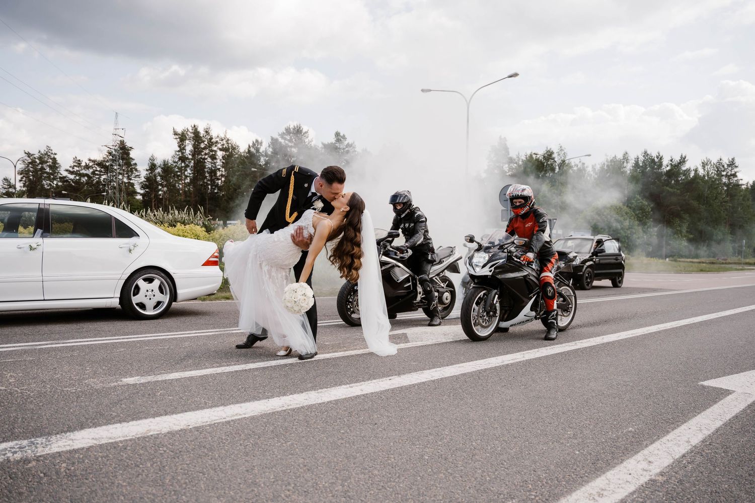A series of wedding photos showing a couple walking together outdoors in formal attire.