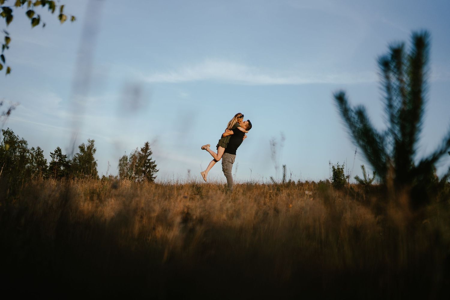 A dog runs through a golden field at sunset with tall grass silhouetted against the warm sky.