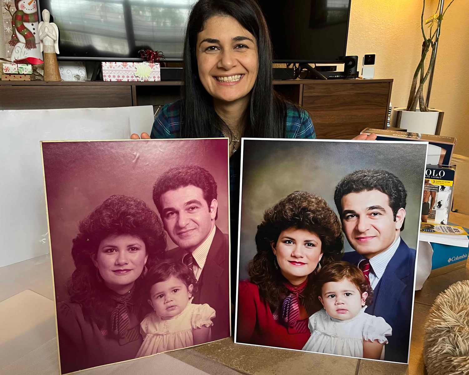 Emotional photo restoration reveal with client holding restored family picture in Miami FL