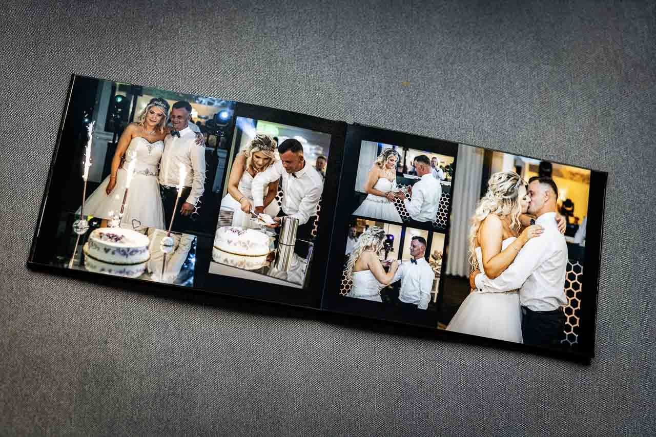 Professional wedding album spread showing multiple photos in a modern layout design.