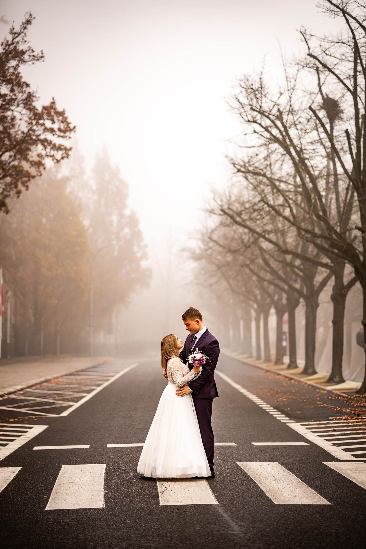 Elegant wedding portraits on misty road with dramatic zebra crossing and tree-lined path.