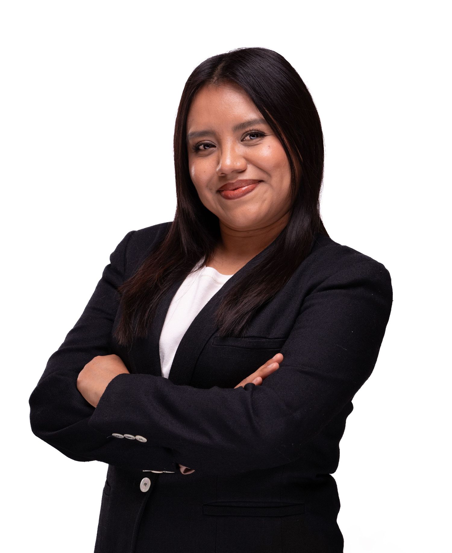 Professional headshots of woman in black business suit against dark background showing different poses.