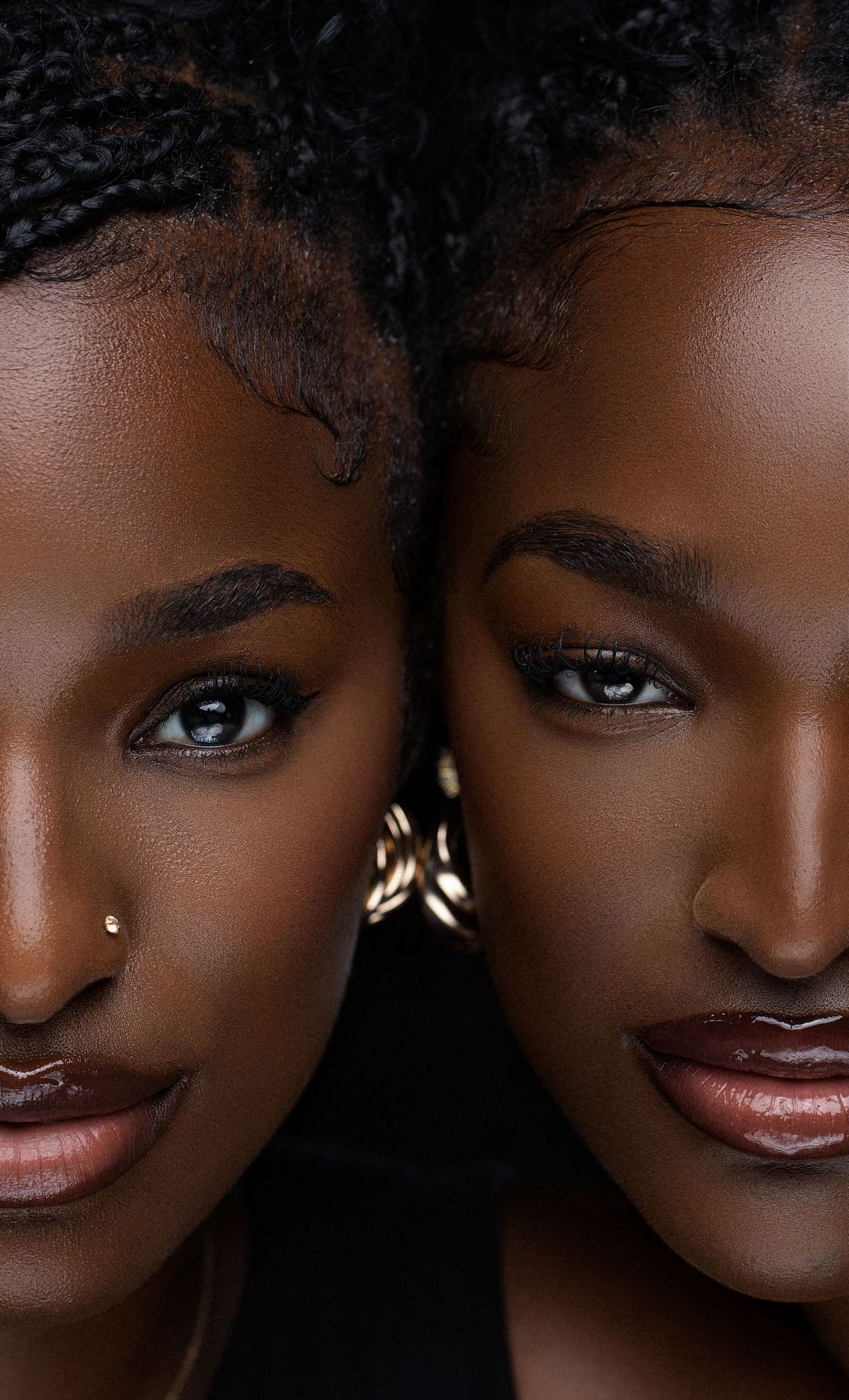 Close-up portrait series showing different angles and expressions against dark background.