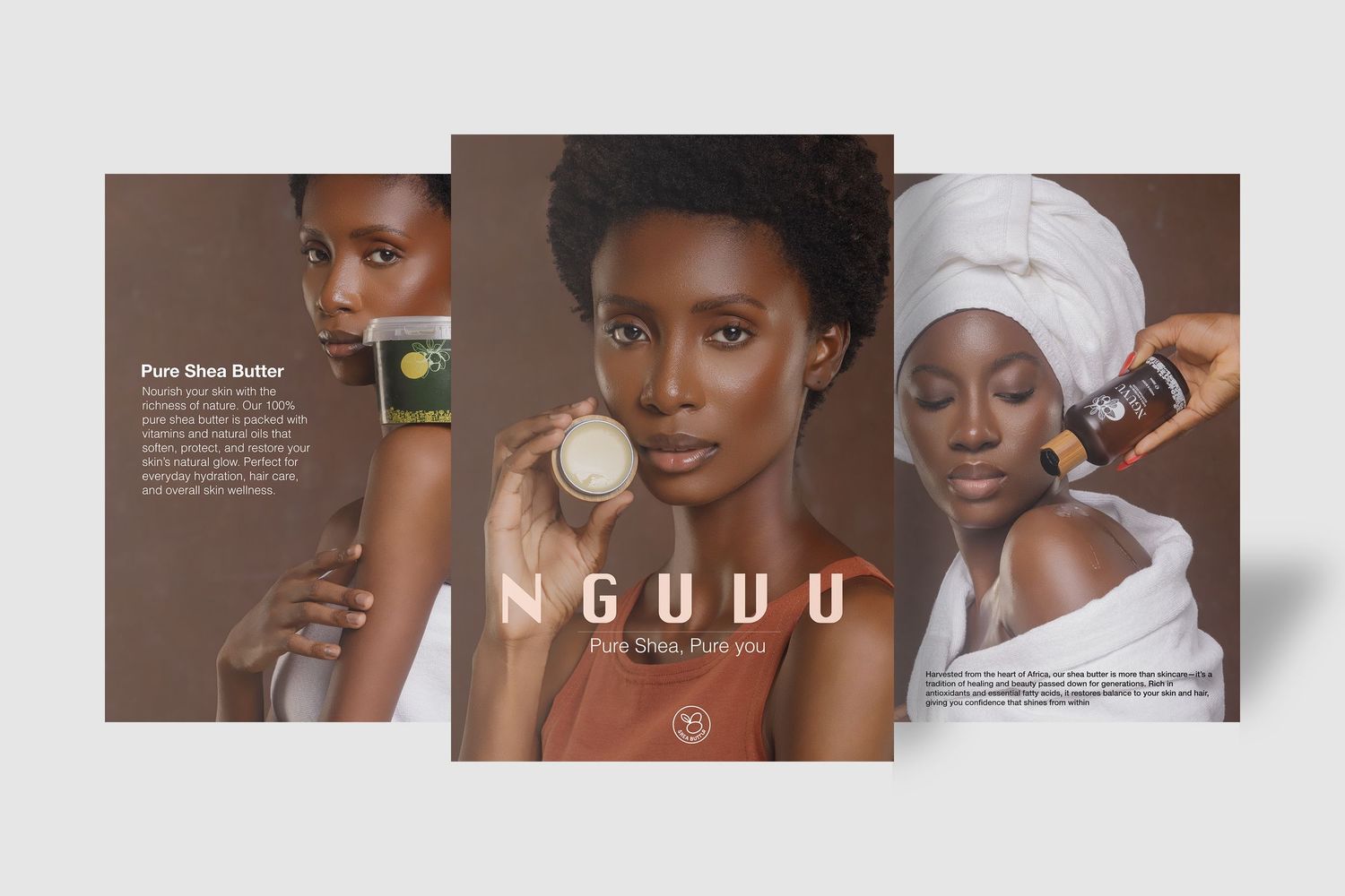 Beauty product marketing layout with minimalist aesthetic and model photos in earth tones.