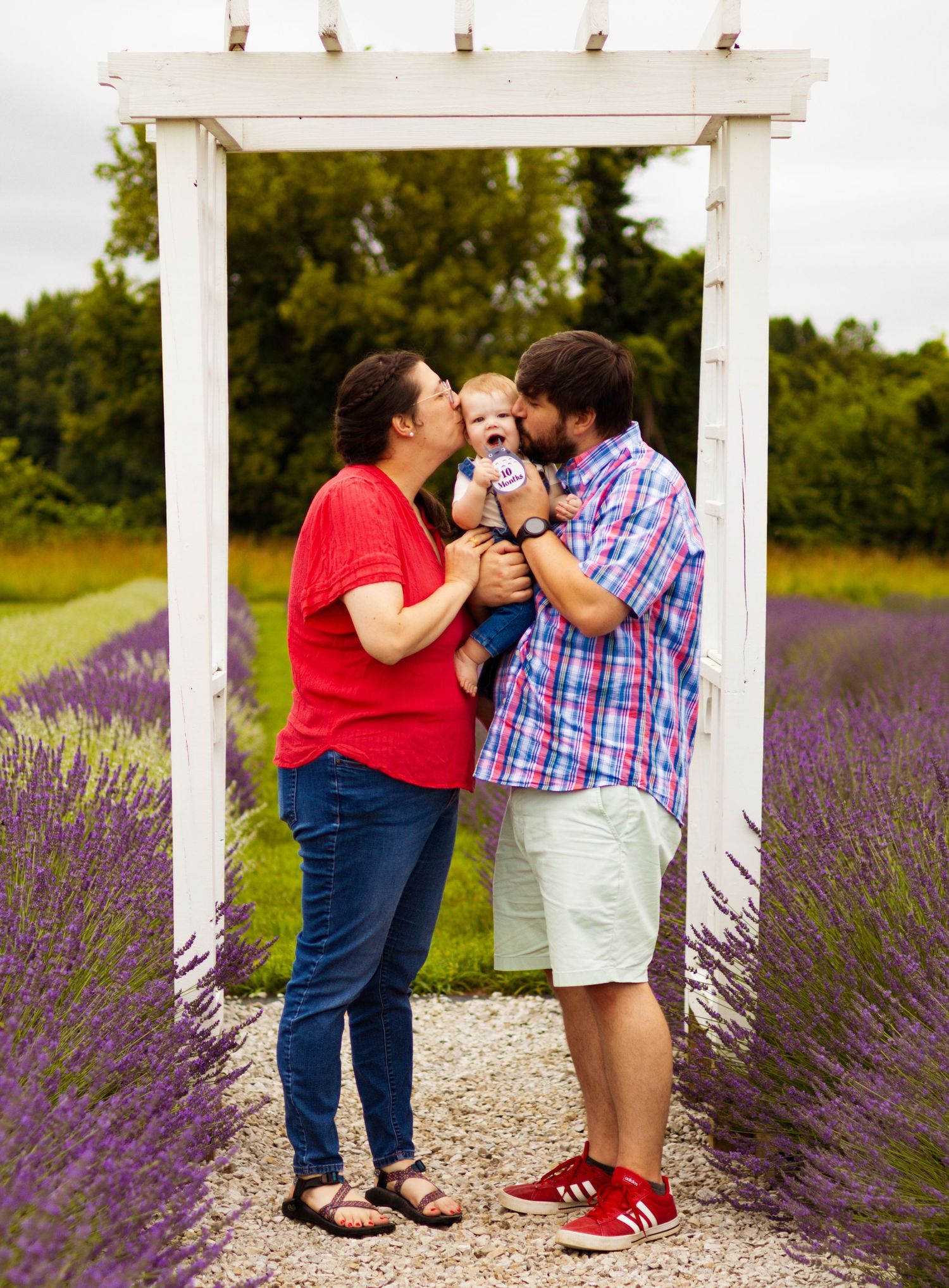 A couple shares a tender moment under a white pergola surrounded by lavender flowers.