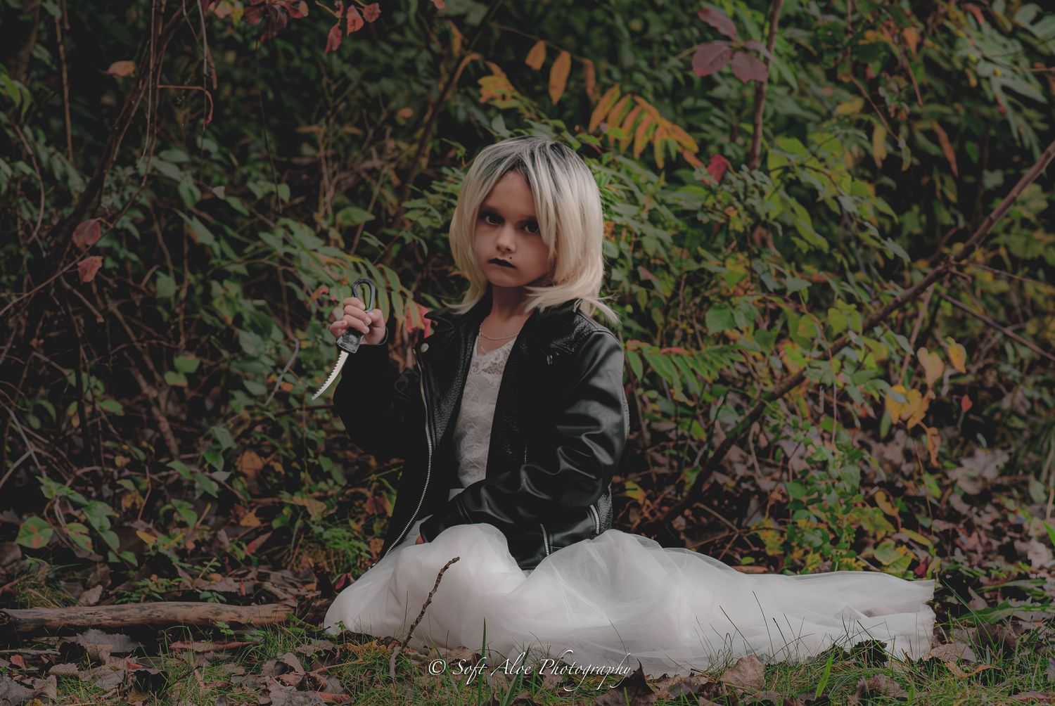 Artistic outdoor photo series in a wooded setting with dramatic lighting and natural elements.