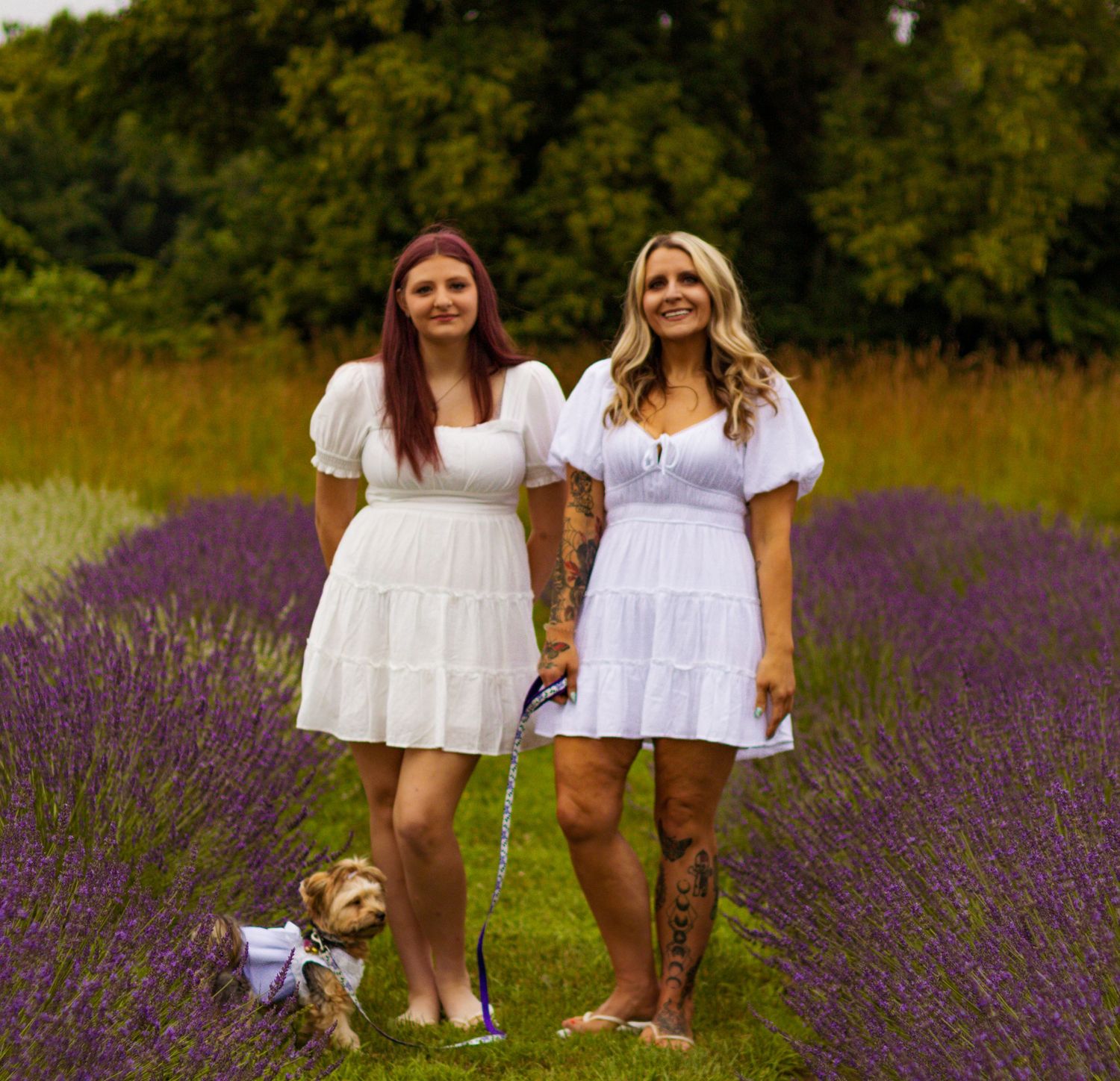 Two women in white dresses pose together in a blooming lavender field on a sunny day.