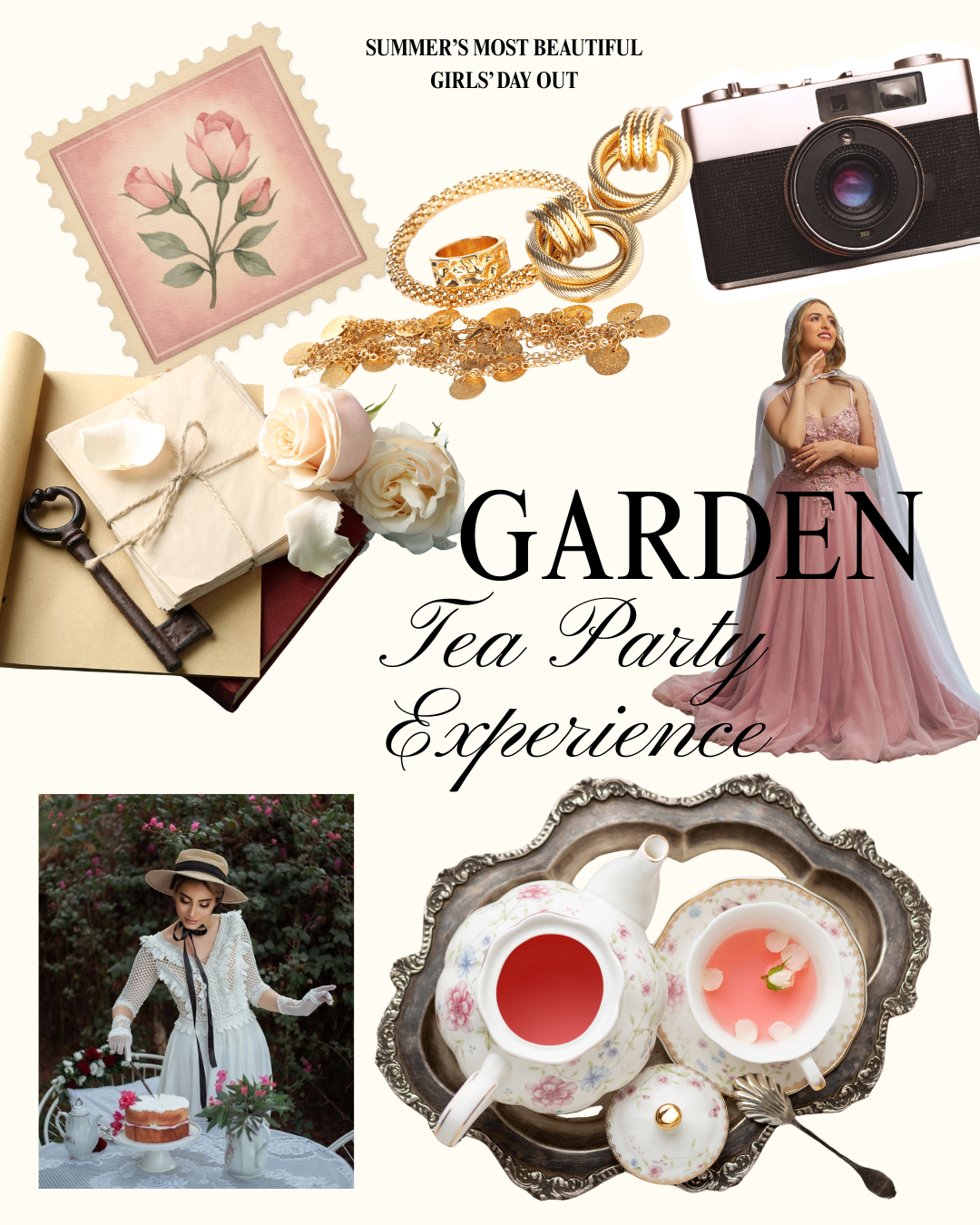 Elegant garden tea party collage featuring floral china, gold jewelry, vintage camera, and women in feminine attire.