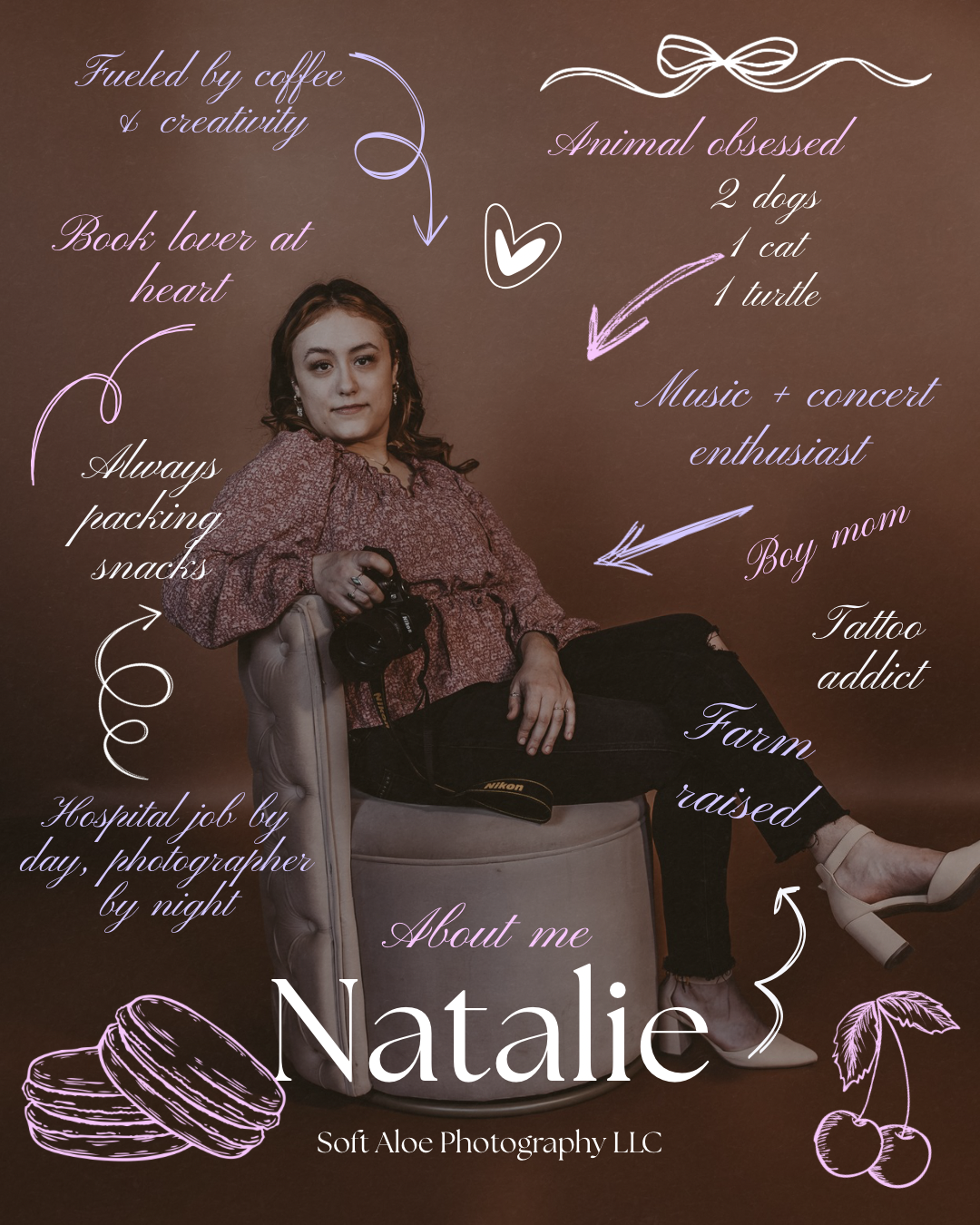 A woman sits on a stool in an about me poster for Natalie of Soft Aloe Photography LLC on a brown background.
