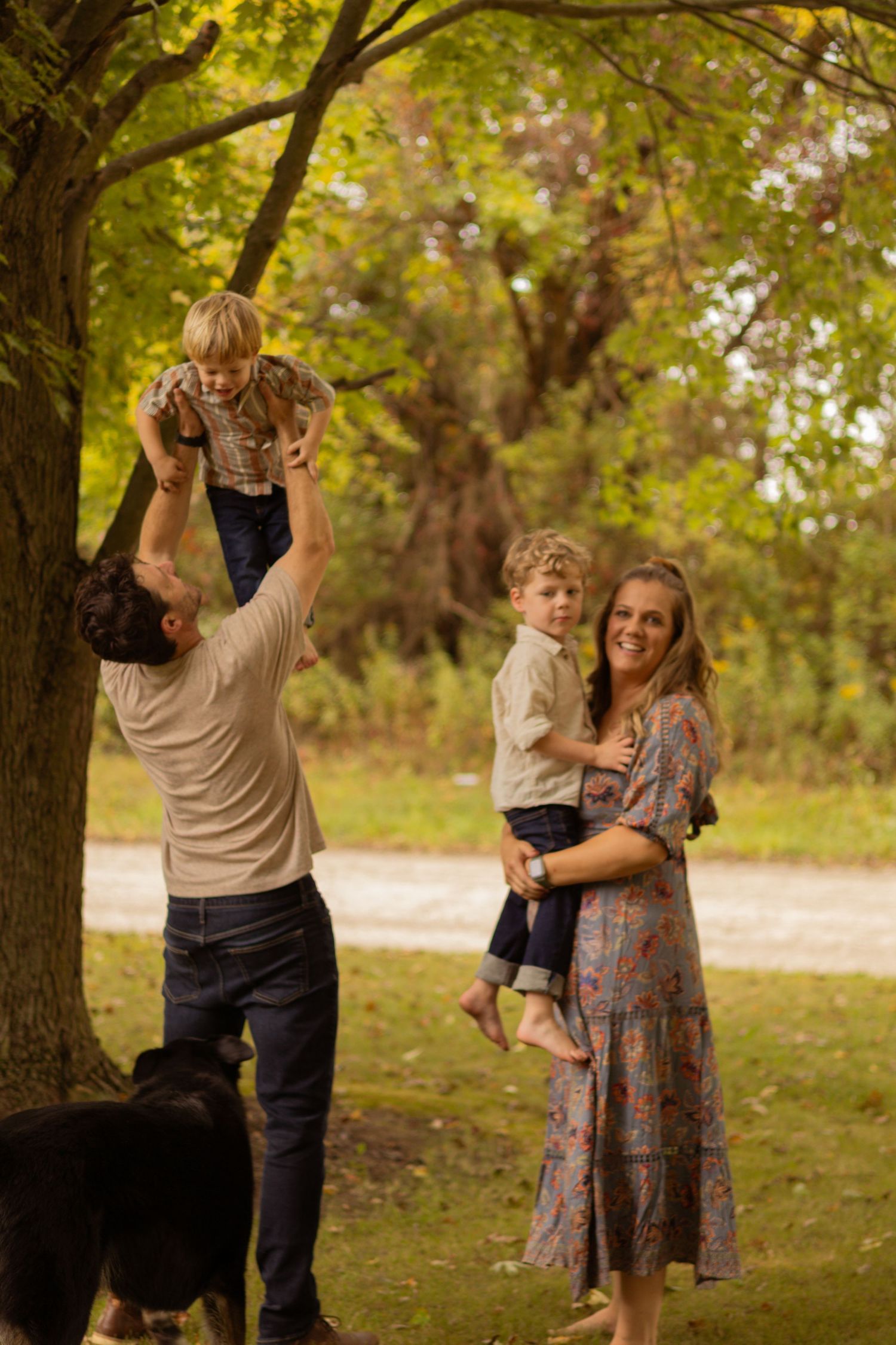 A playful sequence of dance moves captured in a park setting during autumn.