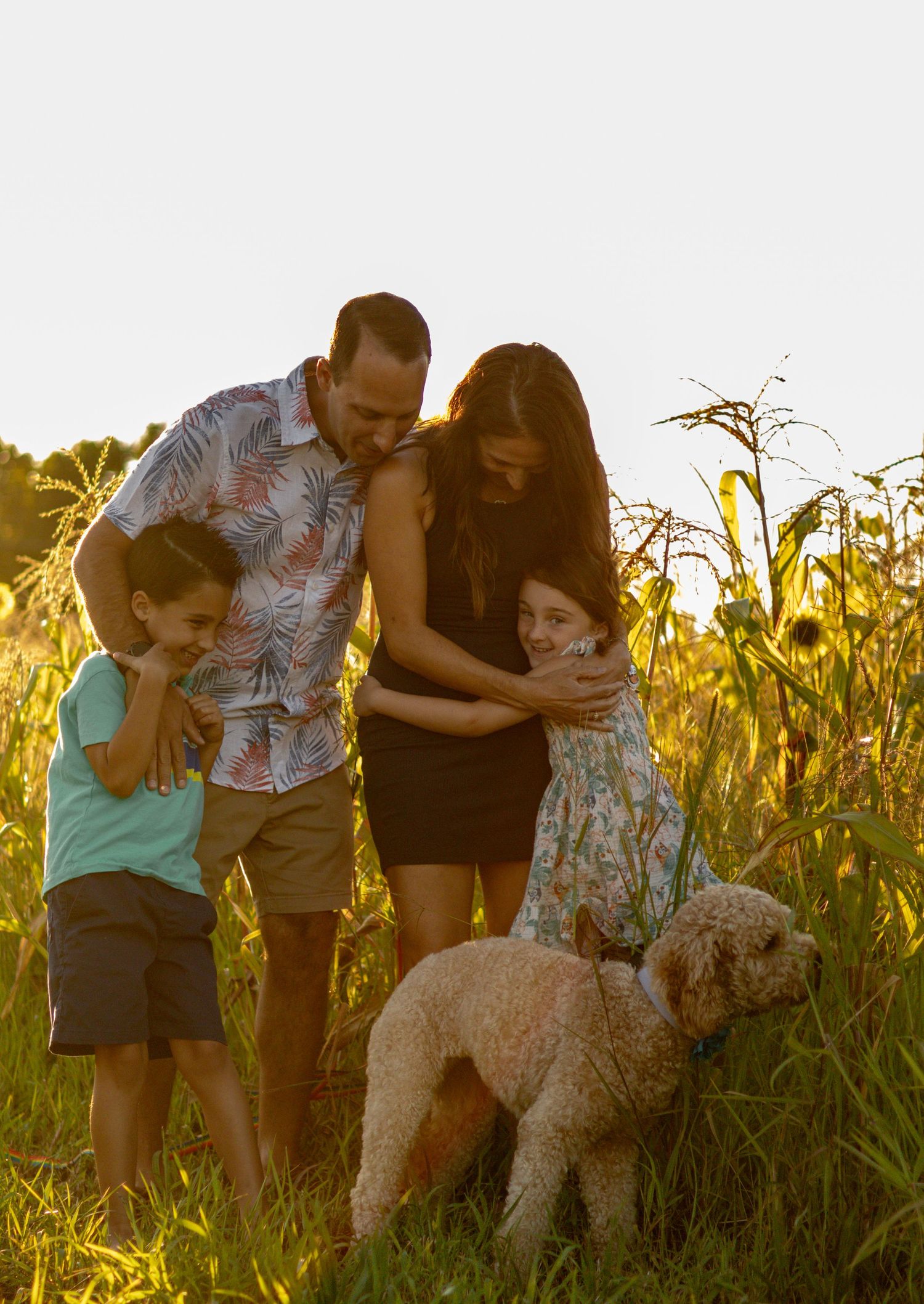 Family and their fluffy dog enjoy sunset moments in tall grass field.
