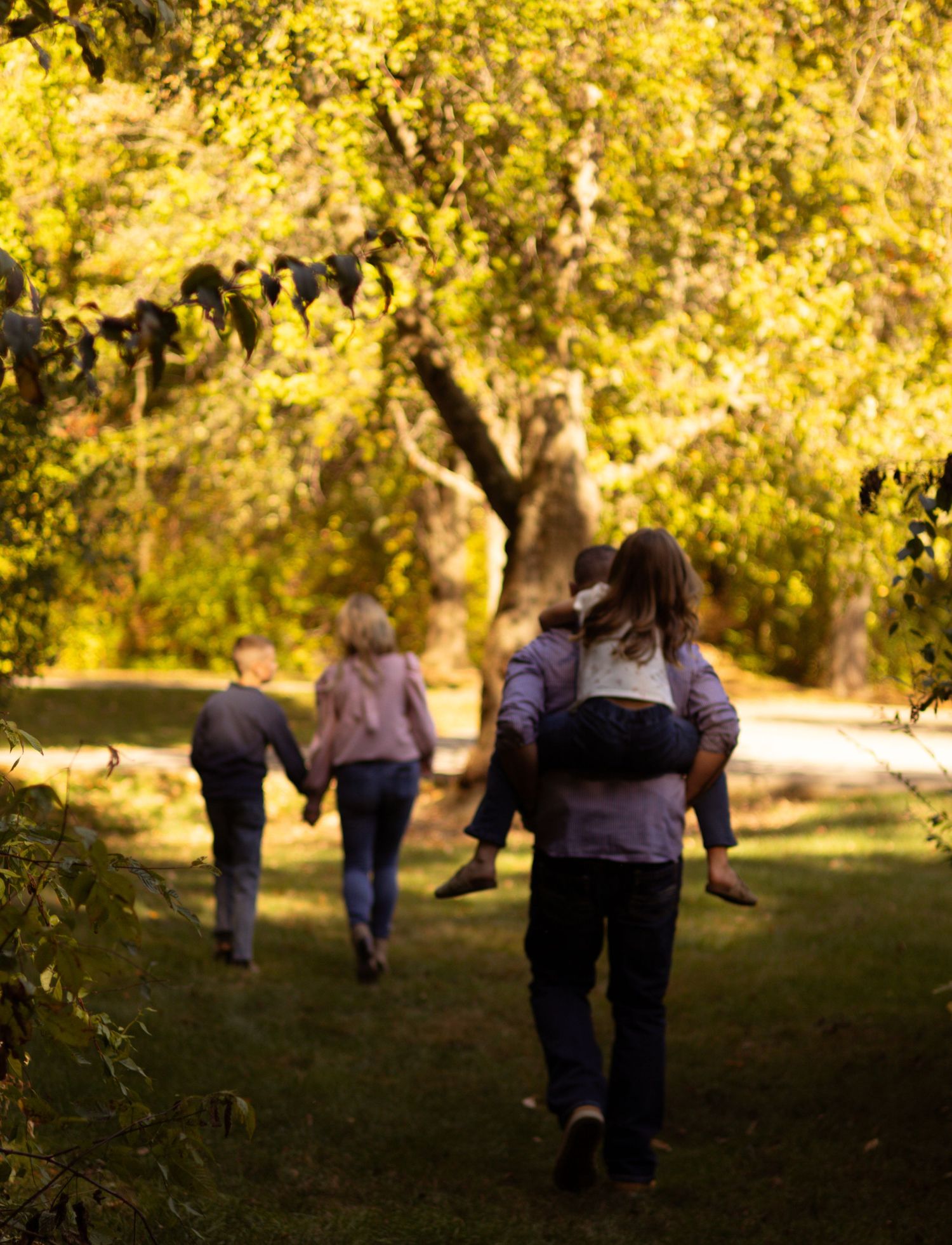 Family walks together on wooded path during golden hour.