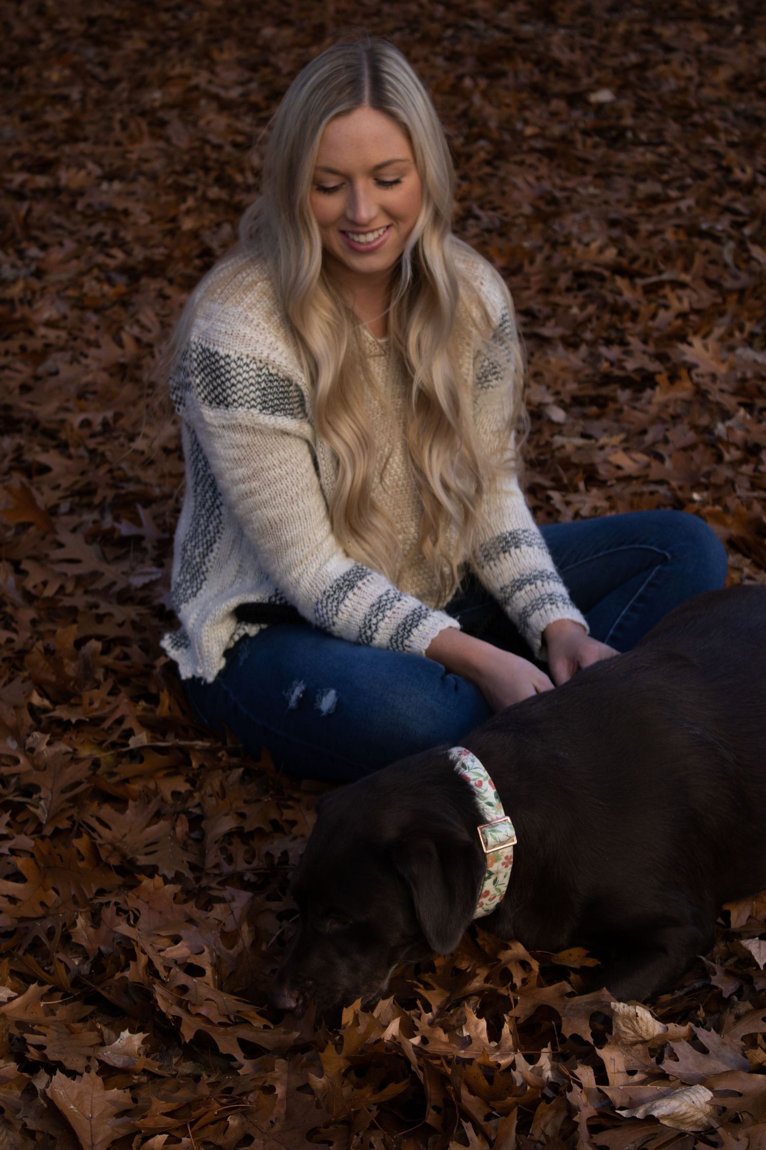 Woman in knit sweater playing with black dog in autumn leaves.