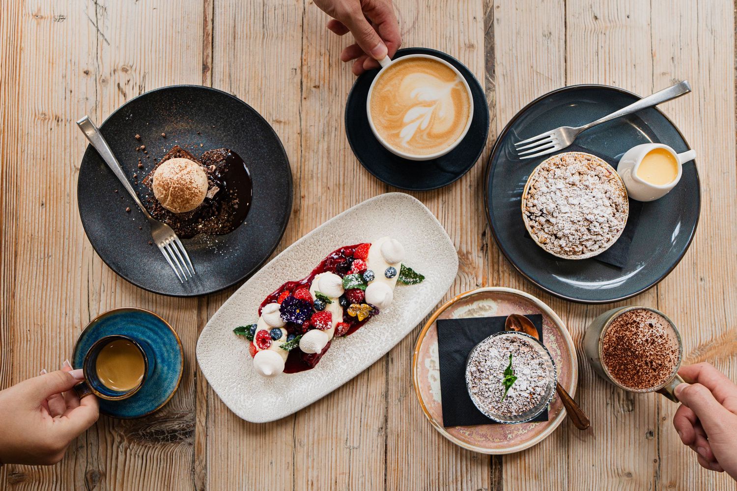 Restaurant photography, flatly of desserts with coffee