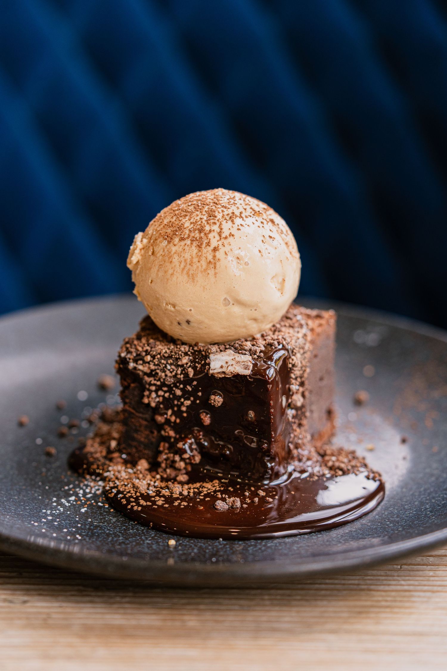 Restaurant photography, chocolate brownie with vanilla ice cream