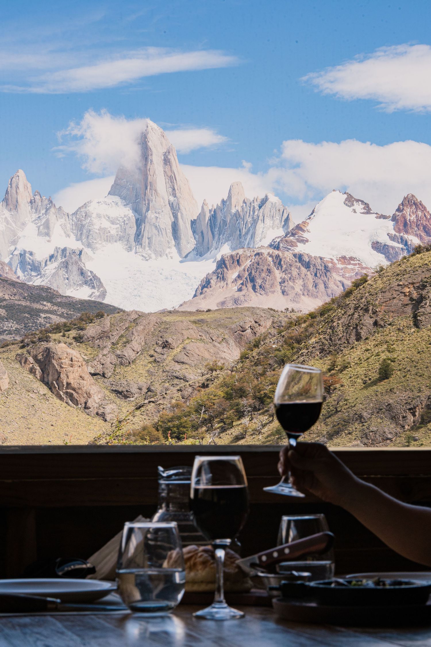 Restaurant photography with view of Fitz Roy in El Chalten, Patagonia Argentina