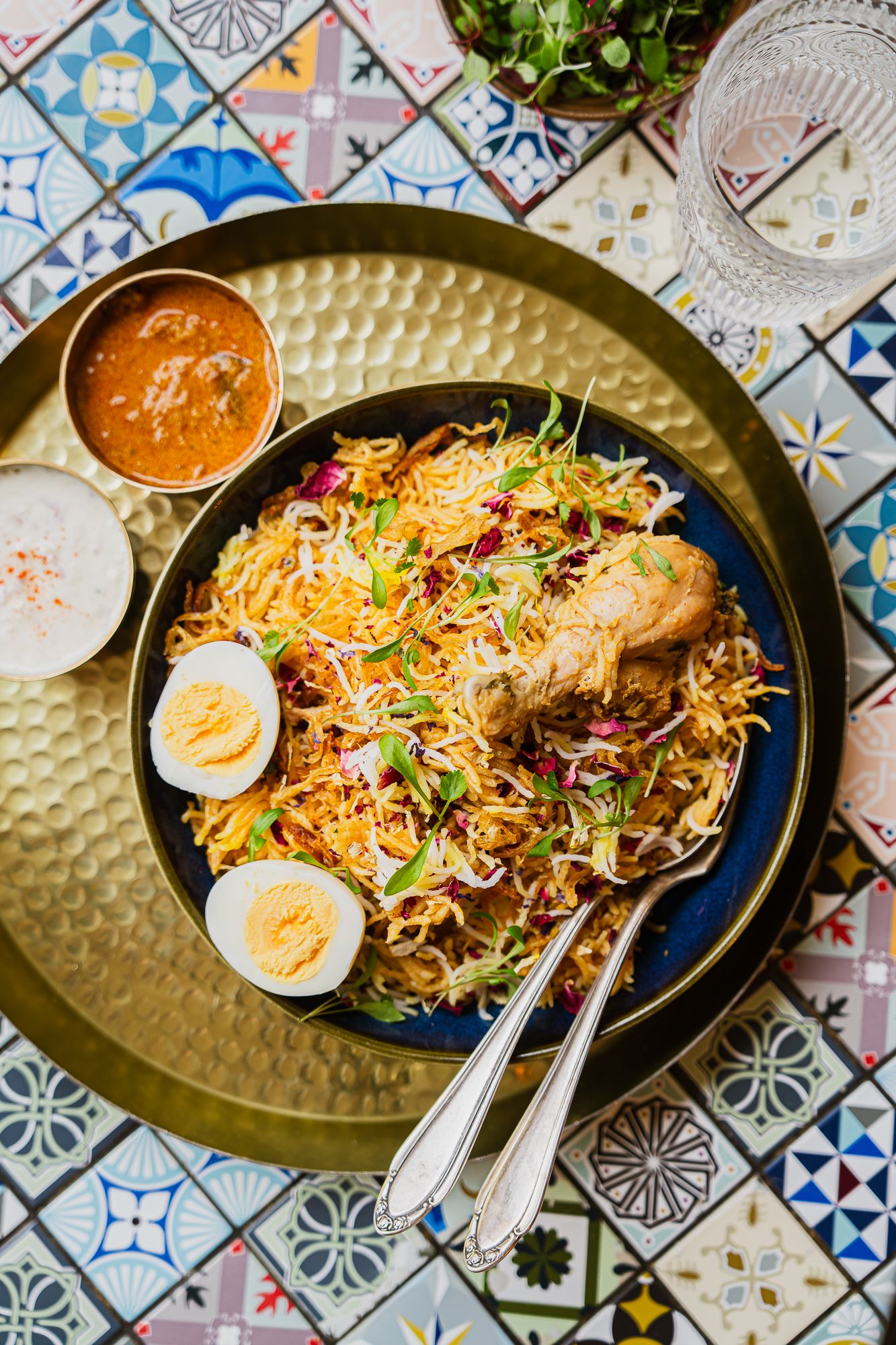 Indian food photography, chicken biryani flatlay