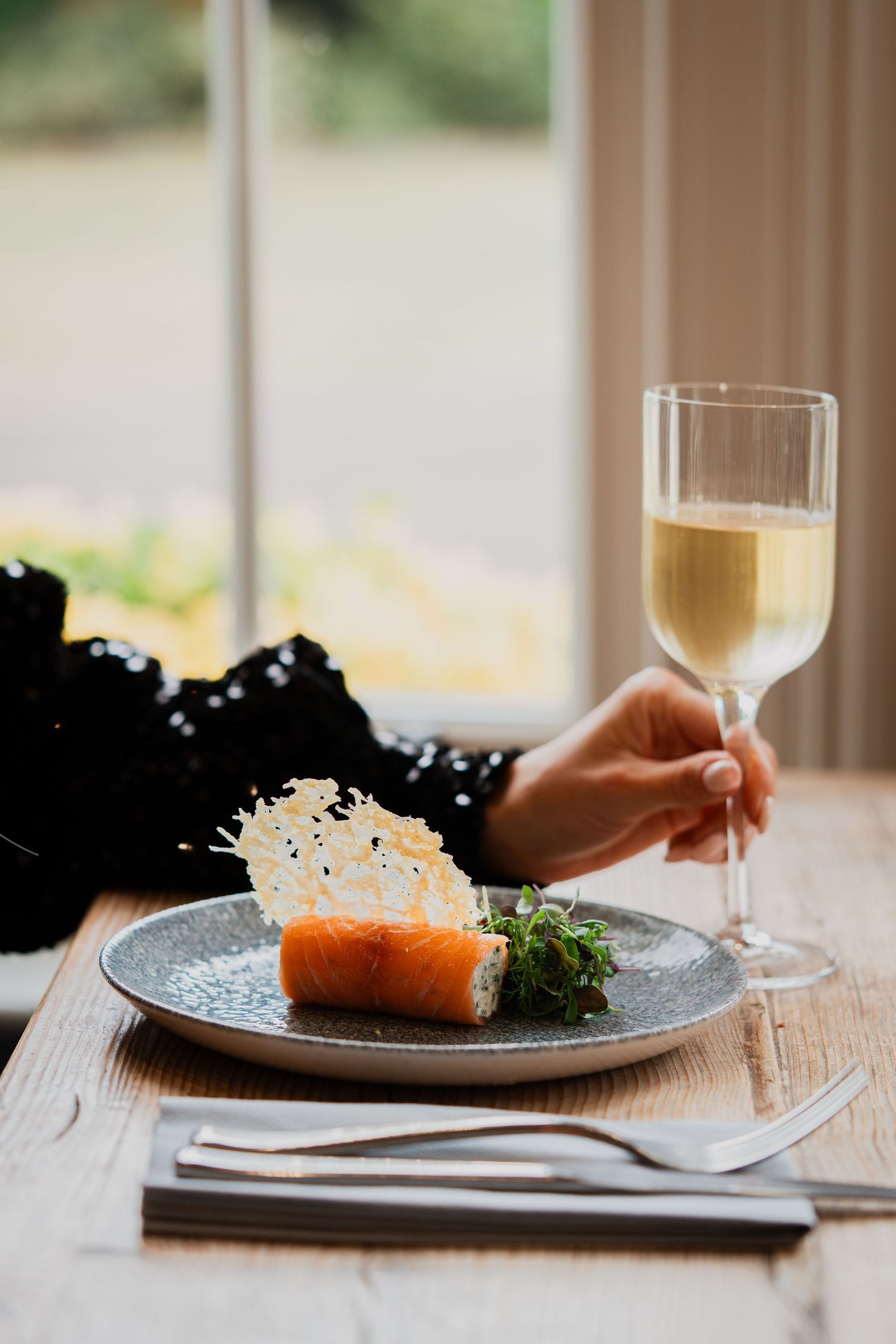 Restaurant photography, smoked salmon roll Christmas menu