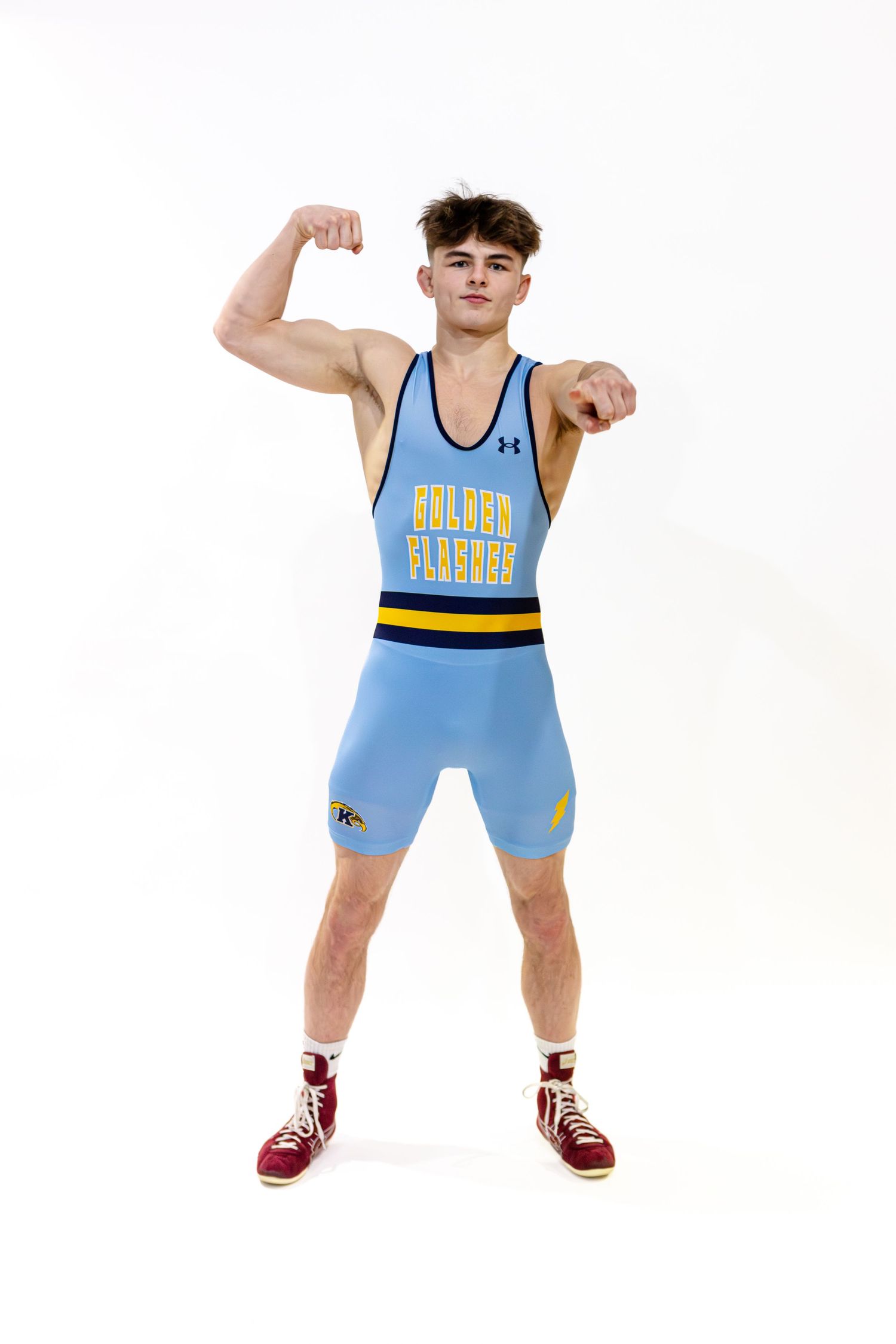 Athletic figure in light blue Denver Nuggets wrestling singlet uniform shown in four dynamic poses against white background.