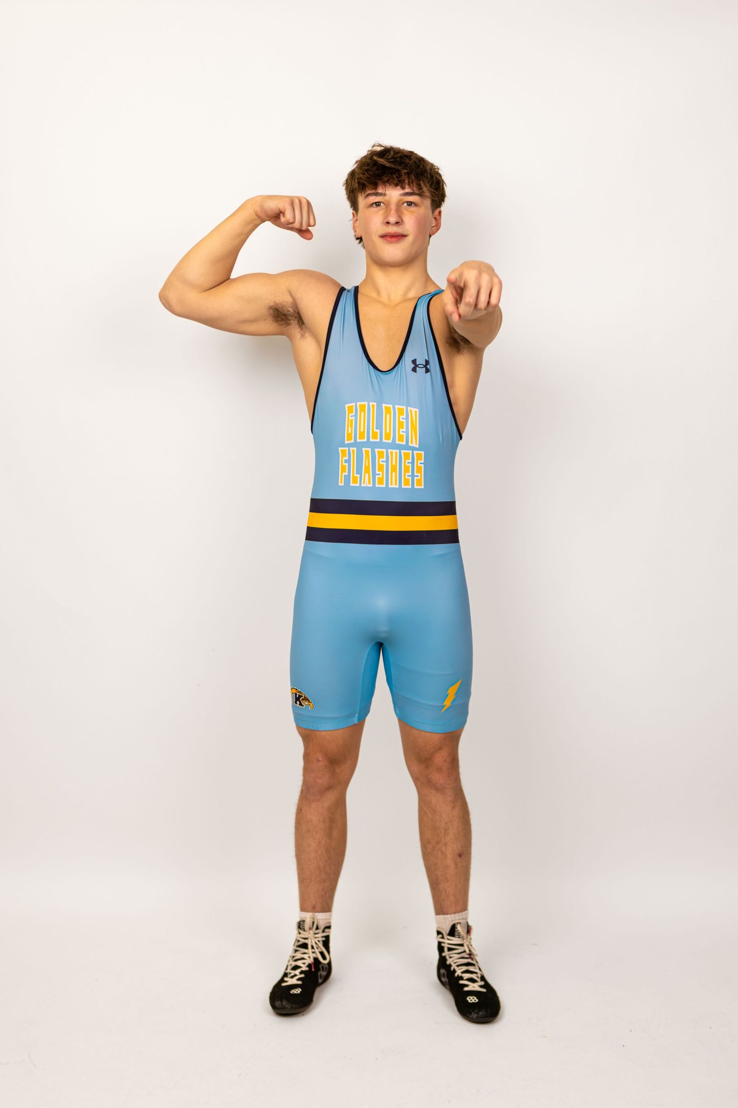 Athlete in light blue wrestling singlet with yellow trim shown in multiple poses against white background.