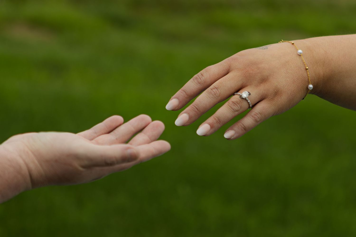 Two hands in a calm green garden setting reach out toward each other as if about to touch or connect.