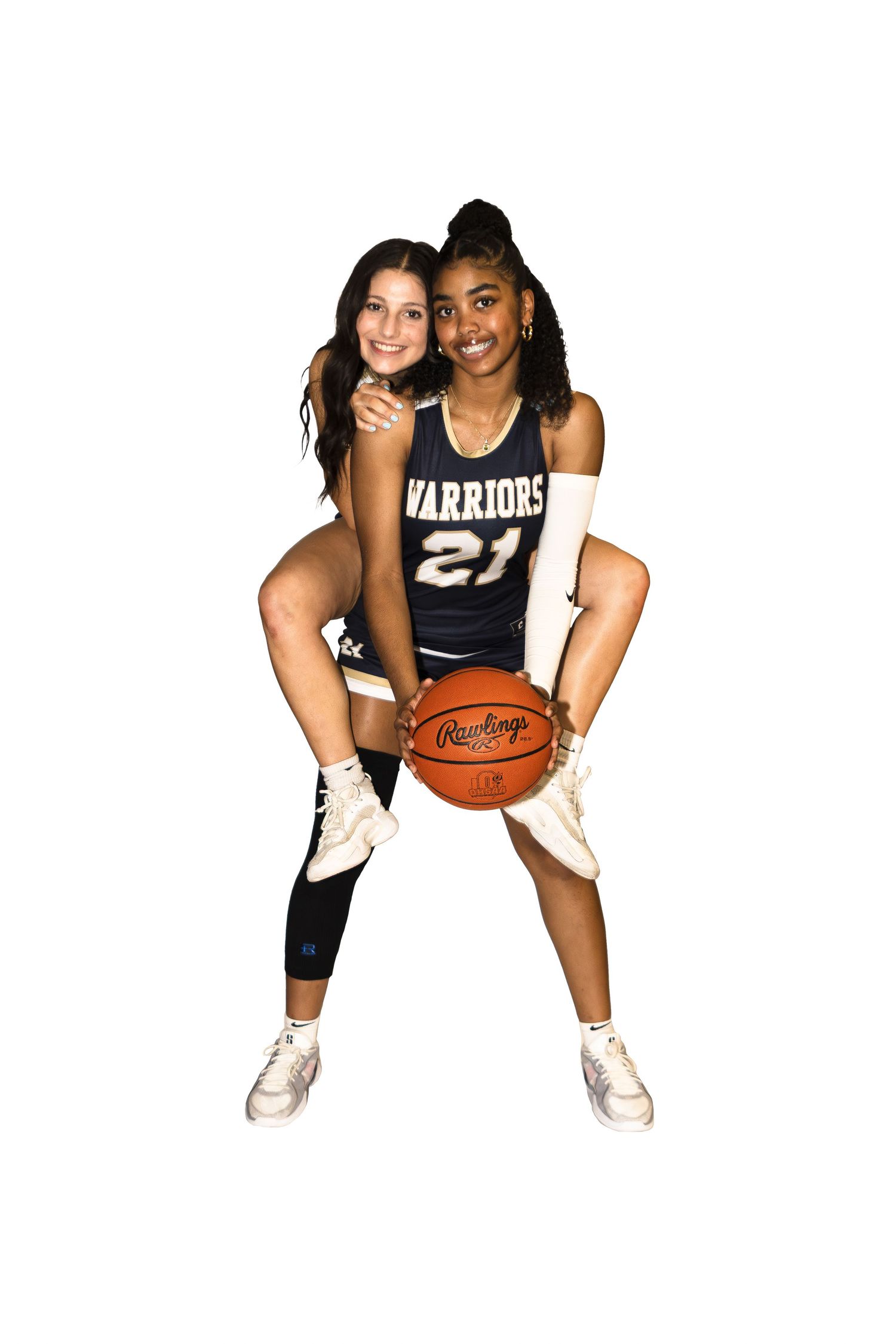 Basketball players in practice uniforms pose for a series of action shots showing teamwork and athleticism.
