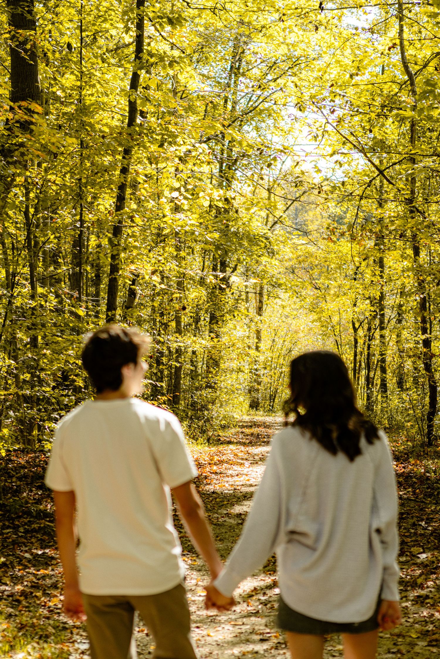 Two people in white shirts sit together on a bench along a sunlit autumn forest path with golden yellow foliage.