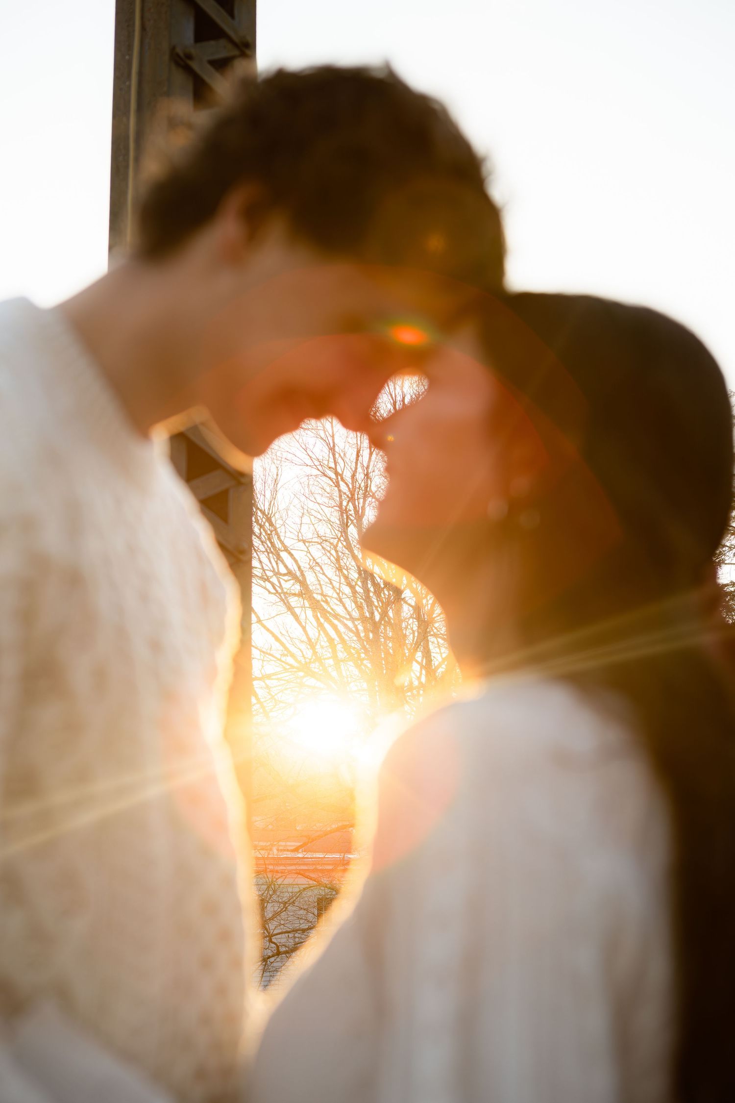 Couple sharing a romantic sunset kiss with golden lens flare and bare winter trees in soft bokeh background.