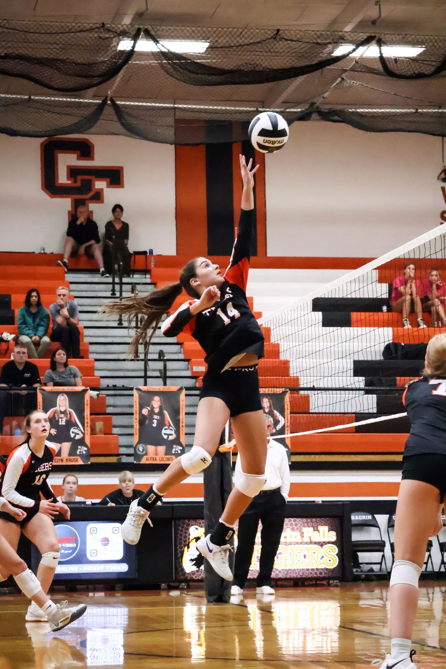 Volleyball player jumps high to set the ball during indoor match with crowd watching.