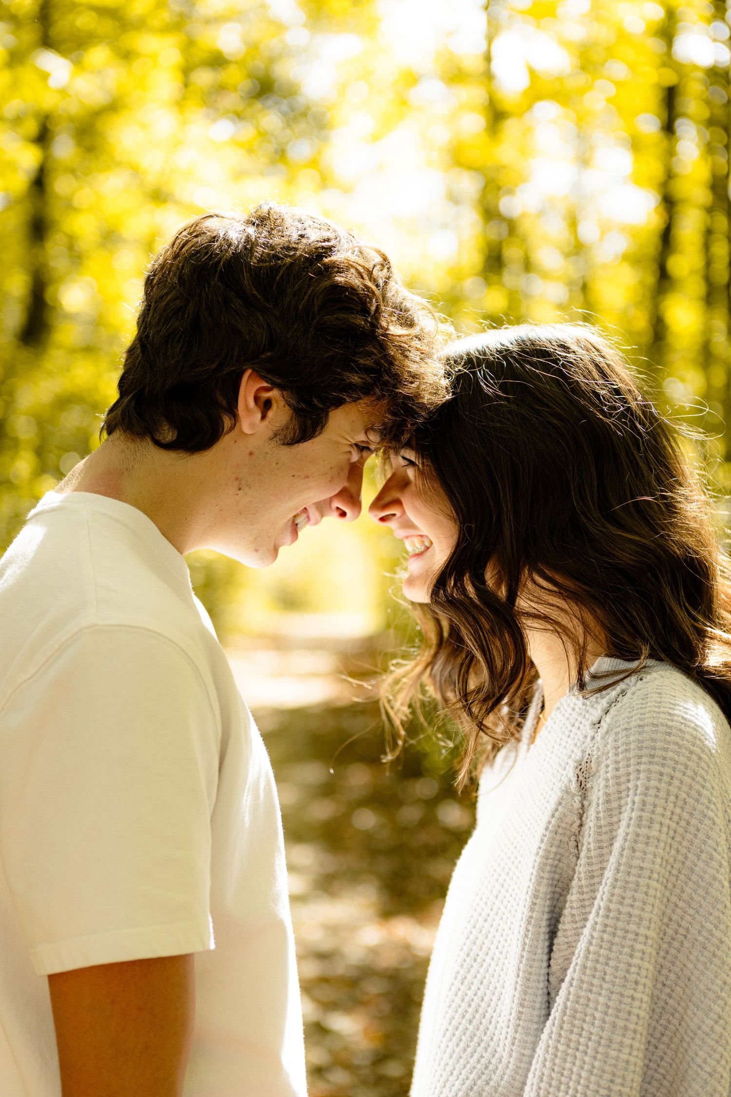 A romantic sequence of a couple in autumn sunlight sharing tender moments against a golden forest backdrop.