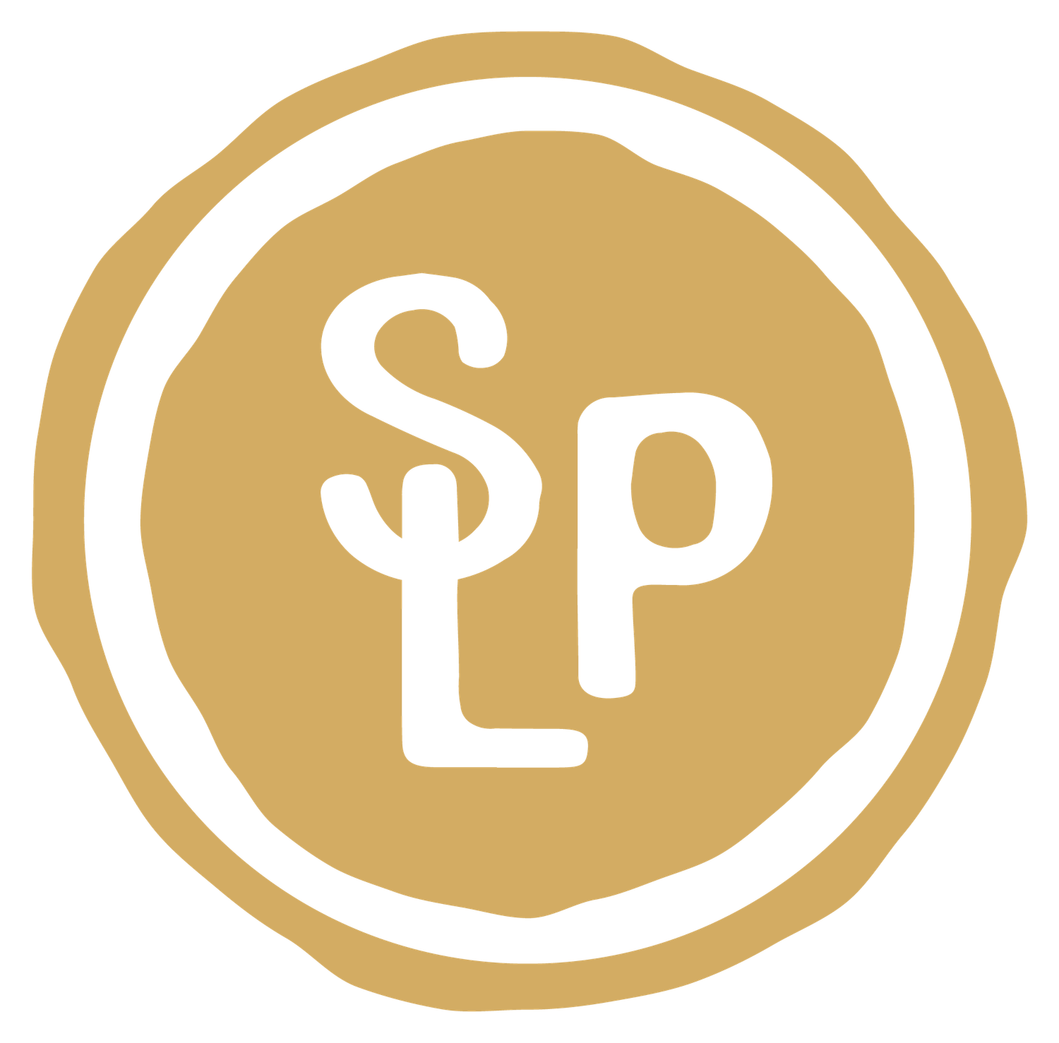 Gold circular badge with white SLP monogram letters inside a white ring border, a simple logo design on a warm golden background.