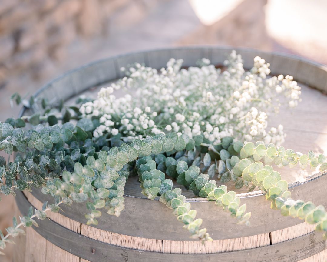 White baby's breath flowers and silvery eucalyptus sprigs arranged on a rustic wooden surface.