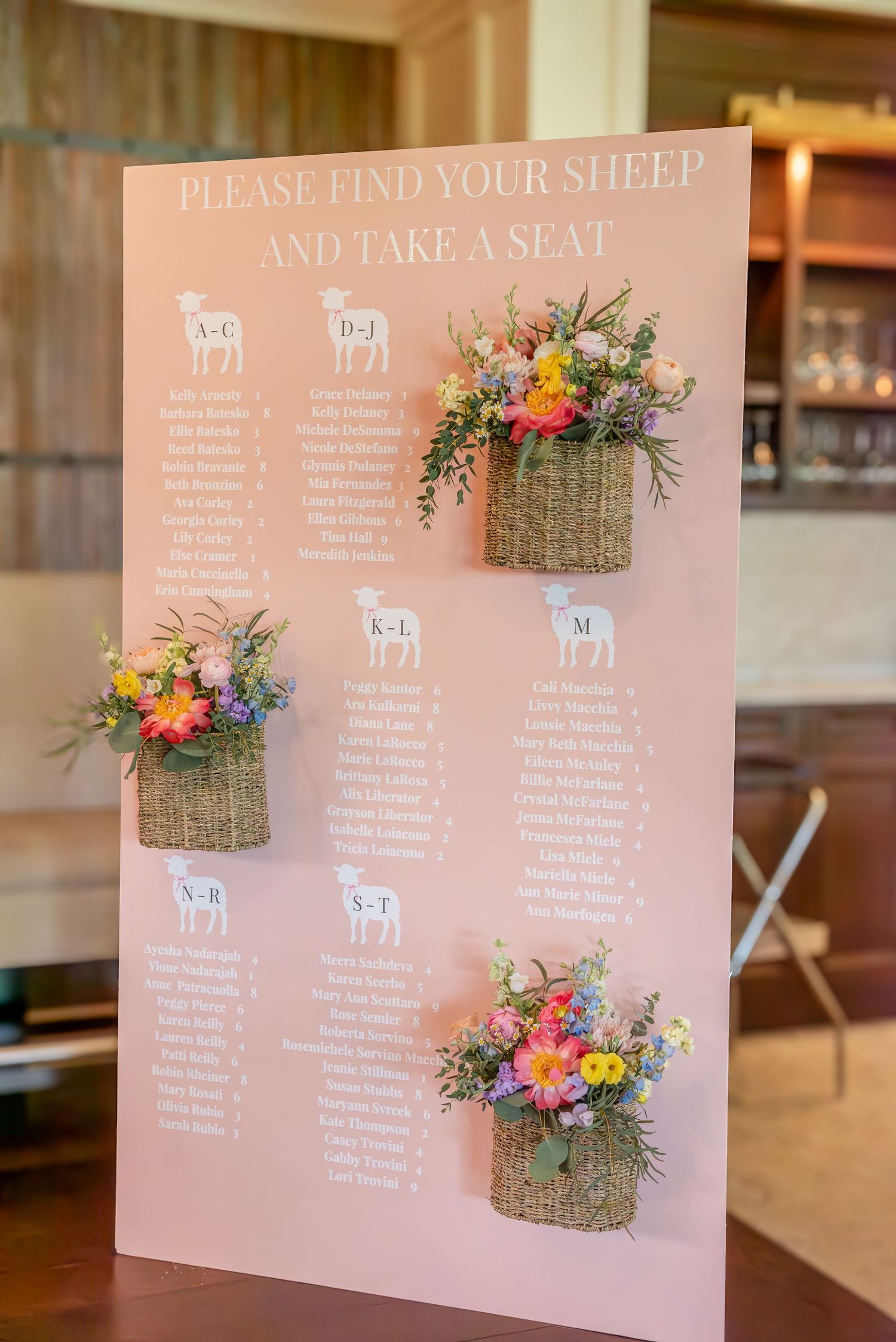 Pink bridal shower seating chart display with floral arrangements in woven baskets mounted on blush colored board.
