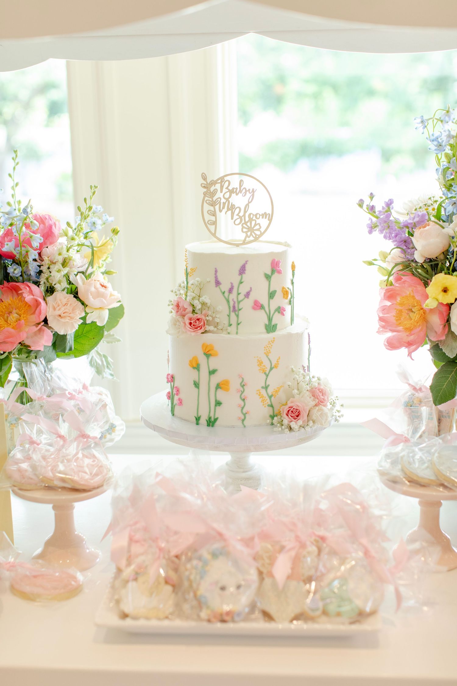Cake displayed on our sweet cart at a bridal shower.