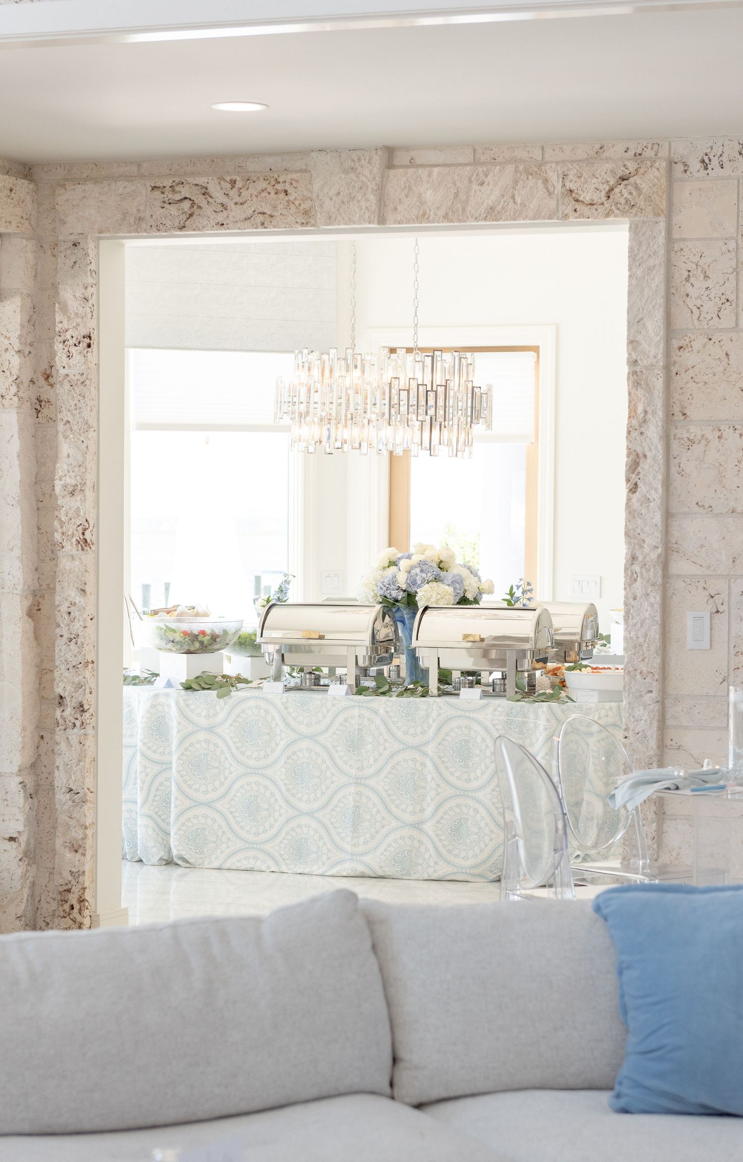 Buffet display at a bridal shower by the sea.