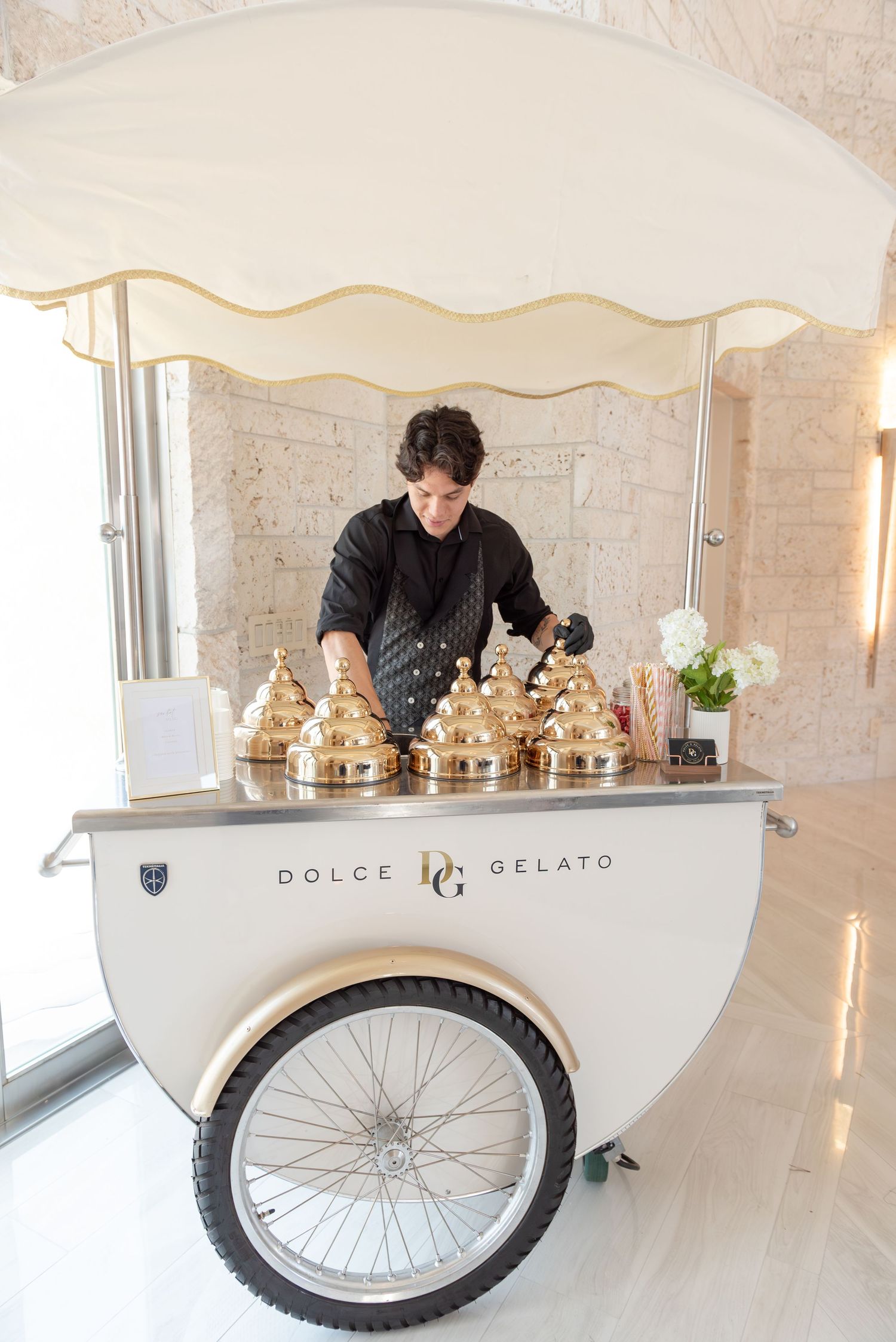 Gelato cart at a bridal shower by the sea.
