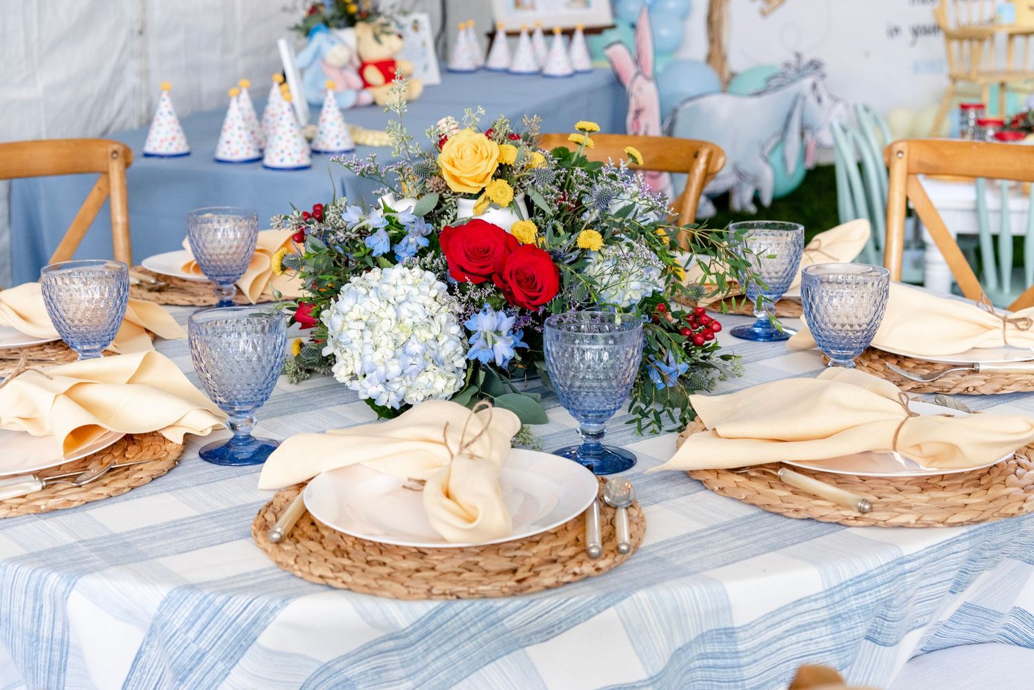 A playful tablescape from our ONE Hundred Acre Wood birthday design.