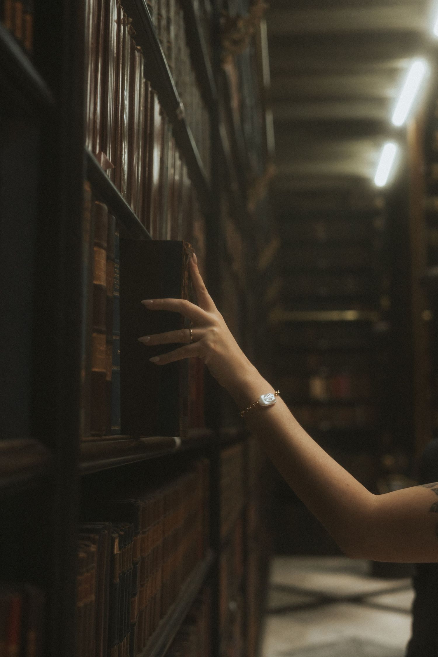 A hand reaches out between dark wooden library shelves to select a book in moody lighting.