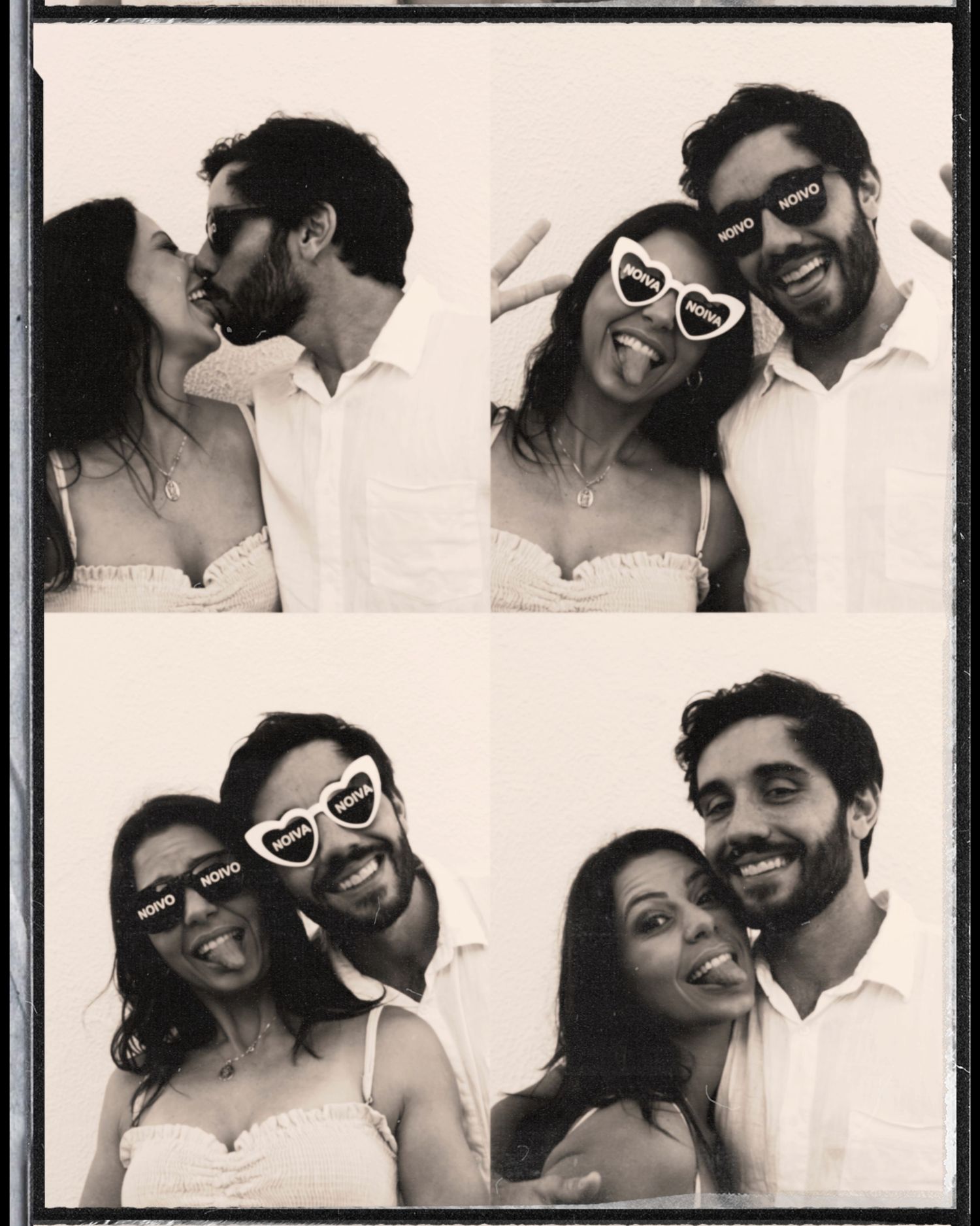 A series of black and white photo booth style pictures showing a couple posing playfully together in romantic moments.