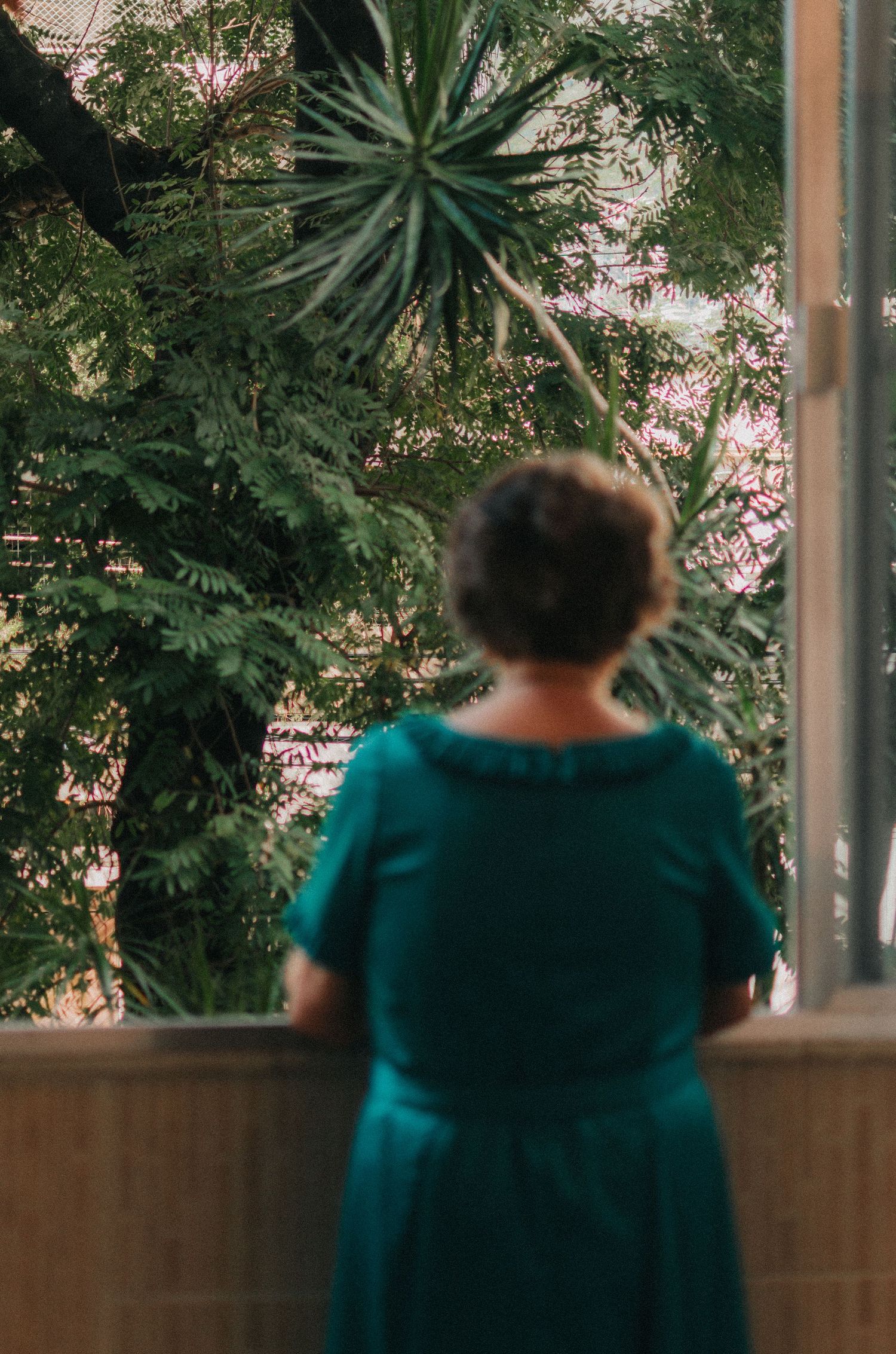 Person in green attire seen through a window frame with plants visible outside.