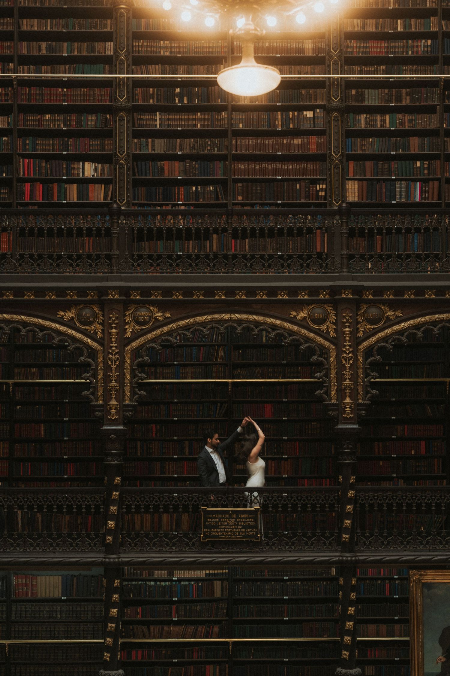 Ornate vintage library interior with tall wooden bookshelves, decorative moldings, and warm lighting illuminating rows of books.