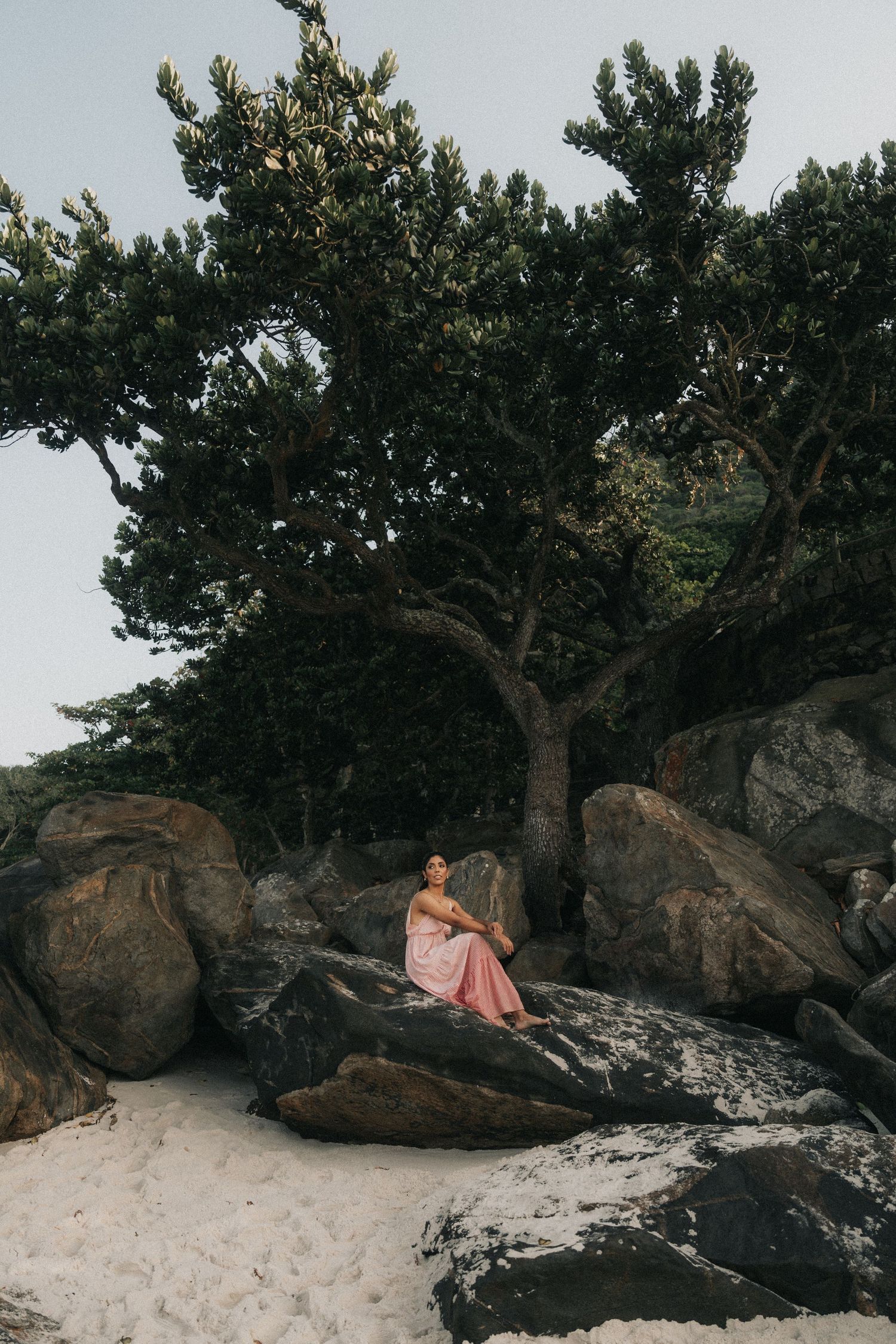 A figure in a pink dress poses against dramatic coastal rocks and pine trees on a beach landscape at sunset.