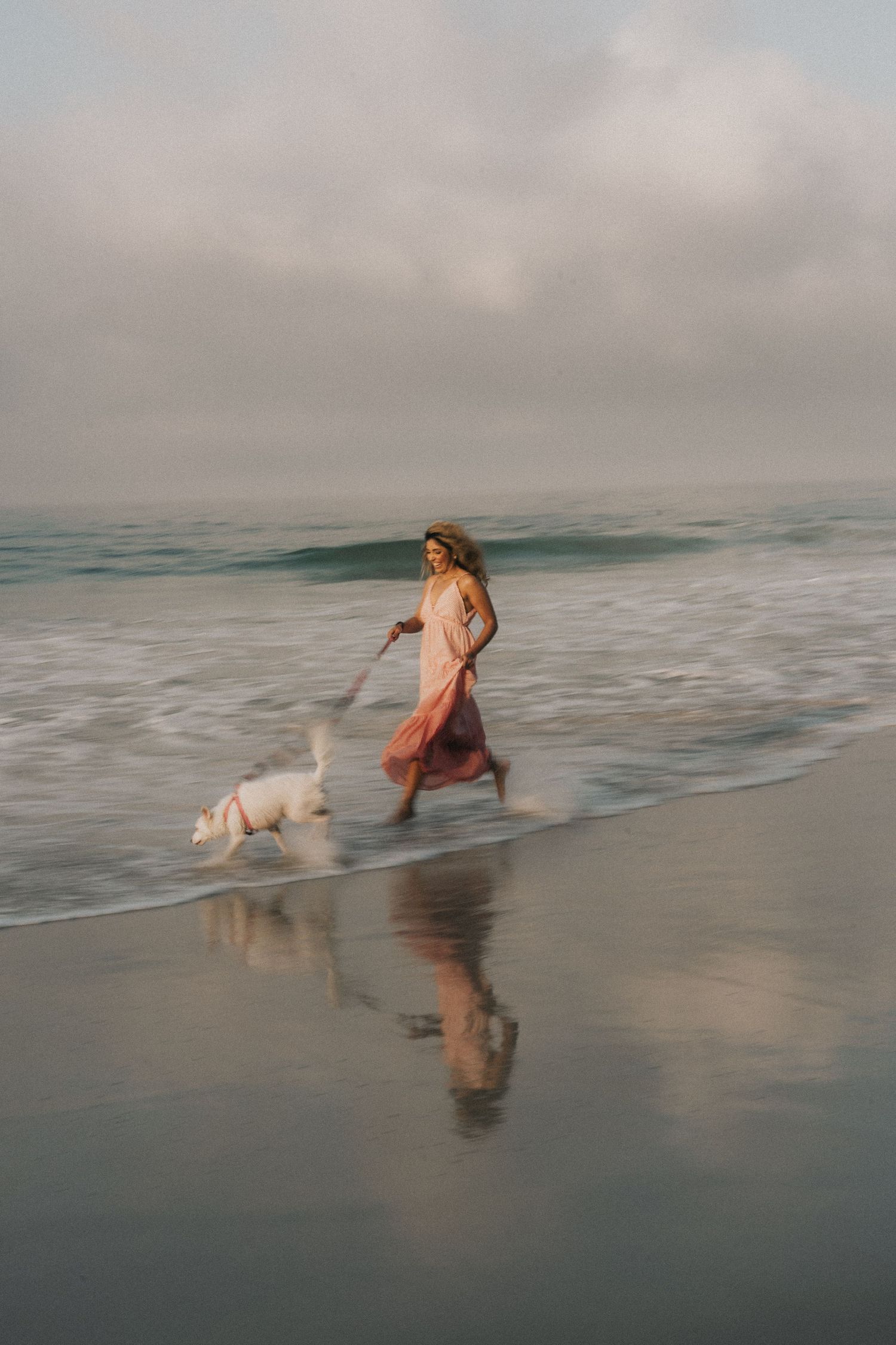 Pet dog and person in flowing dress play and splash together at the misty ocean shore during golden hour.