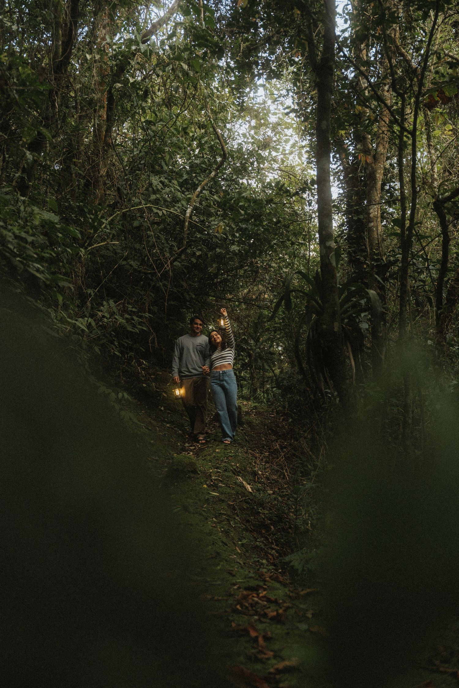 Two figures walk along a dimly lit forest trail at dusk carrying a lantern through dense foliage.