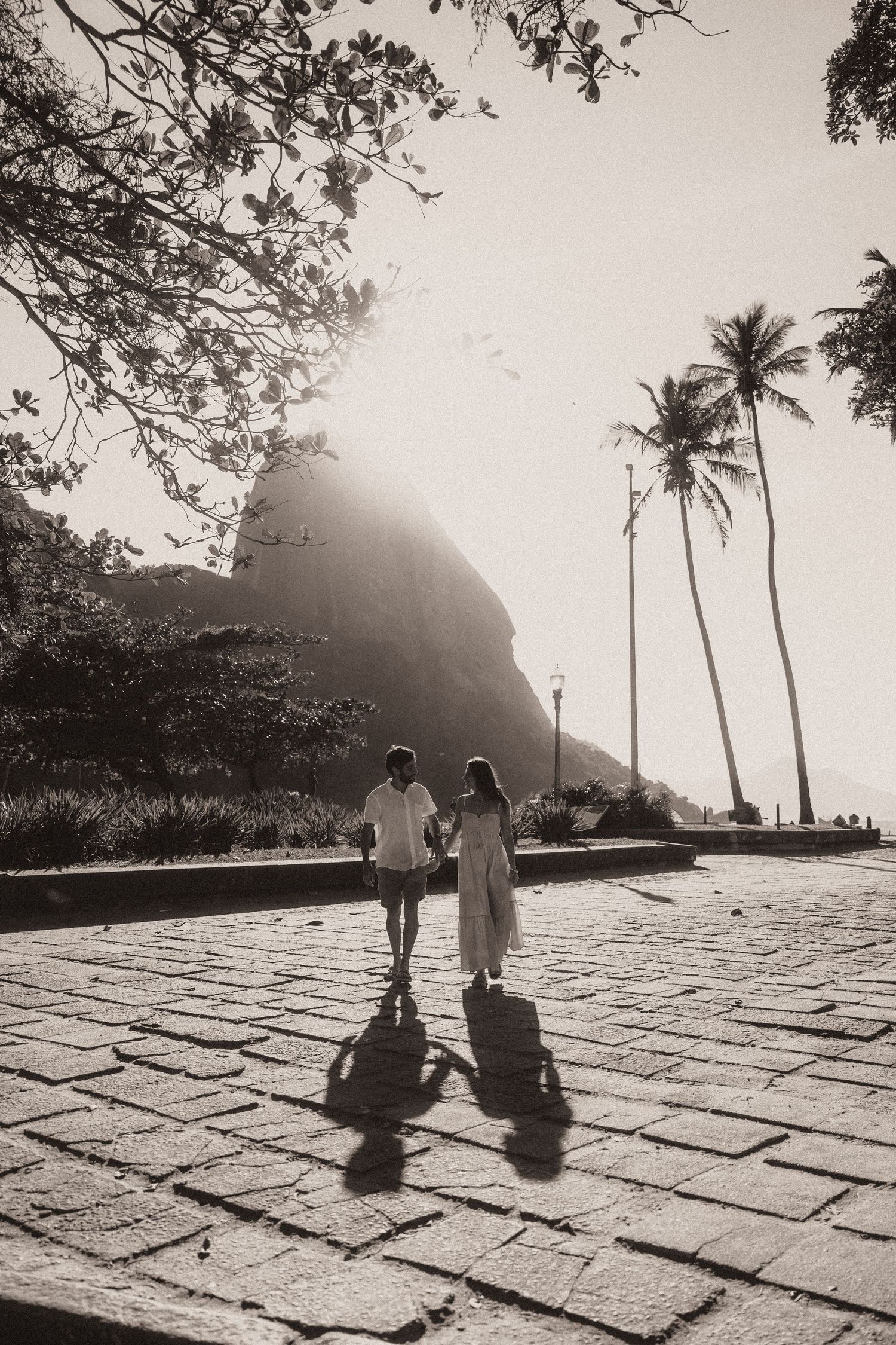 Two figures walk along a stone walkway with palm trees and mountain silhouettes at sunset in a black and white photo.