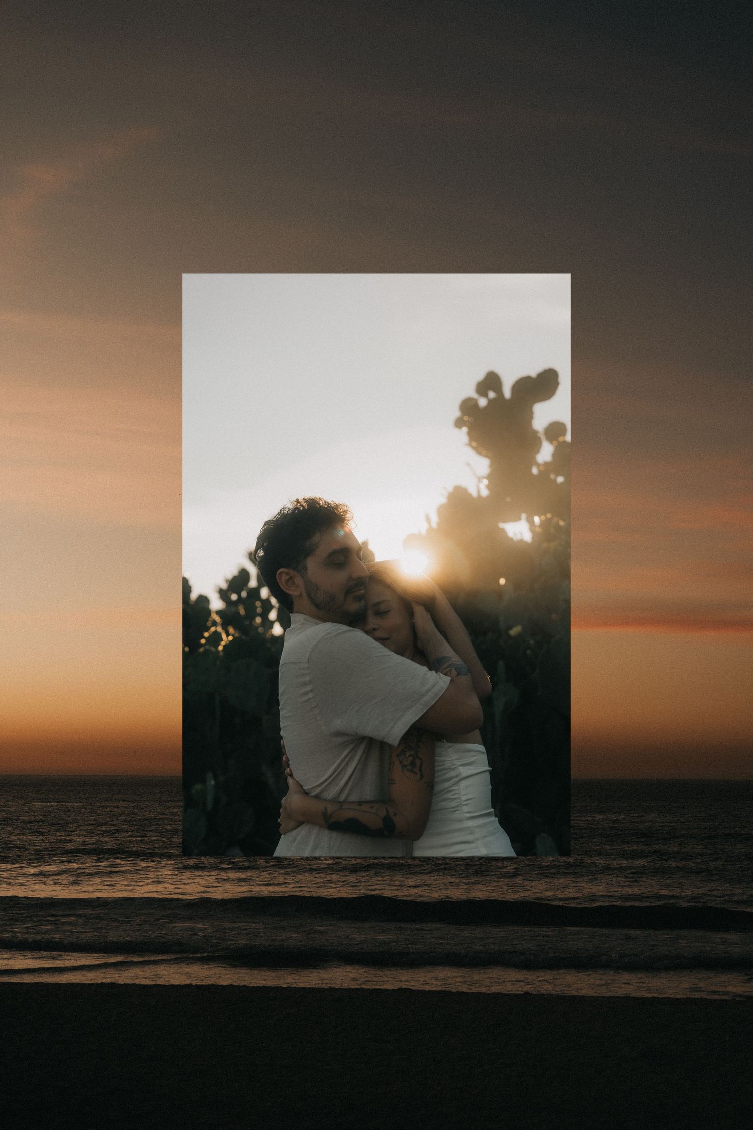 A romantic sunset engagement photoshoot on the beach with silhouettes embracing against the golden sky and ocean backdrop.