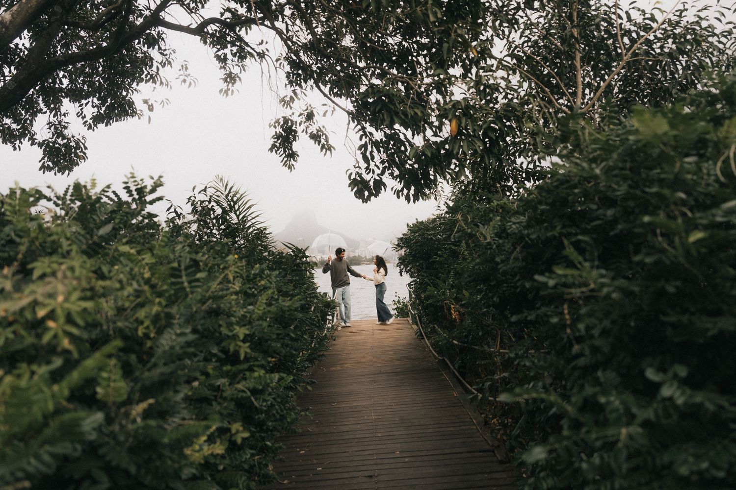 Wooden pathway through lush green forest leads to elevated viewing platform on foggy hilltop.